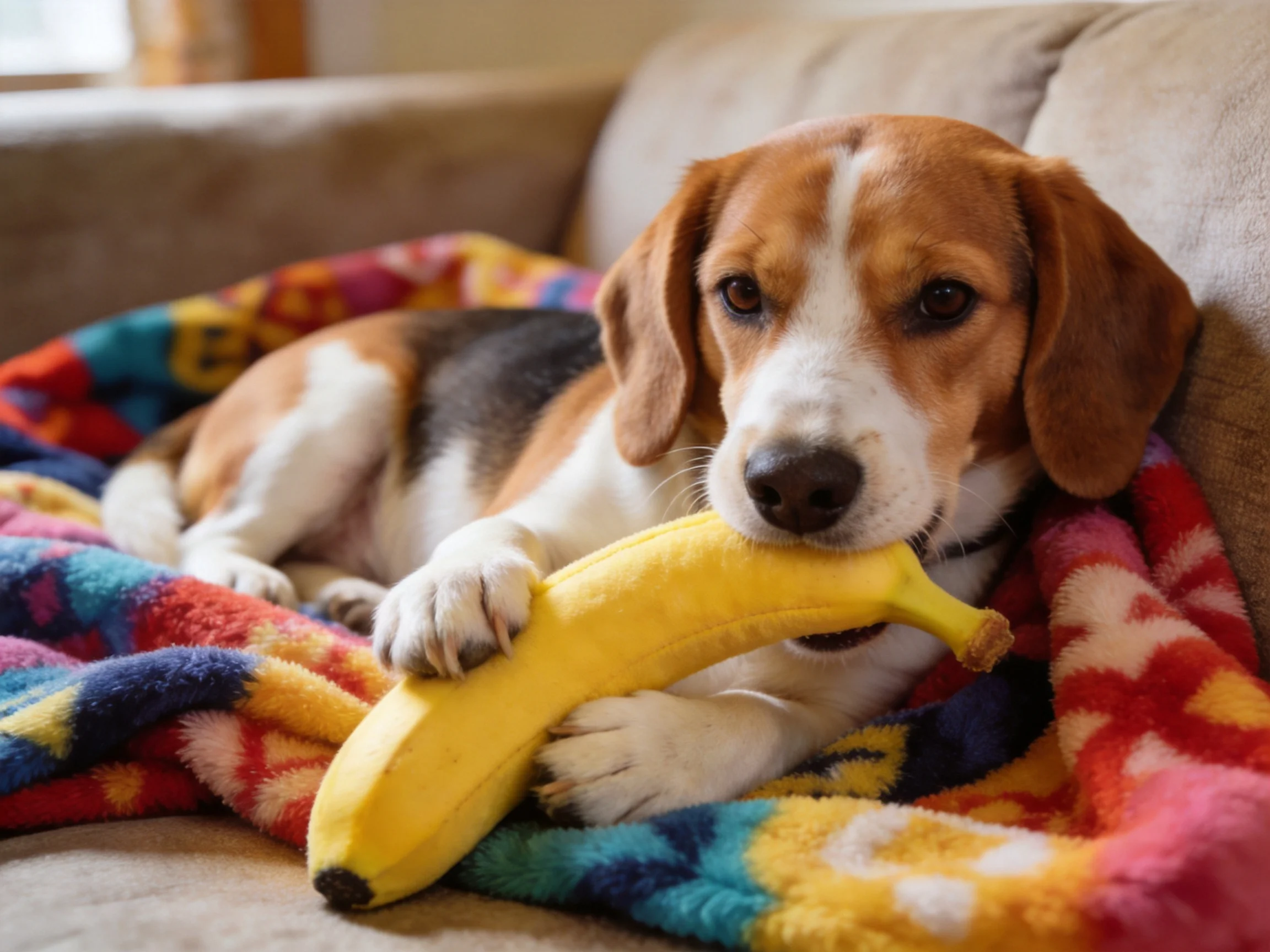 A beagle dog holds a yellow banana toy while resting on a colorful blanket.