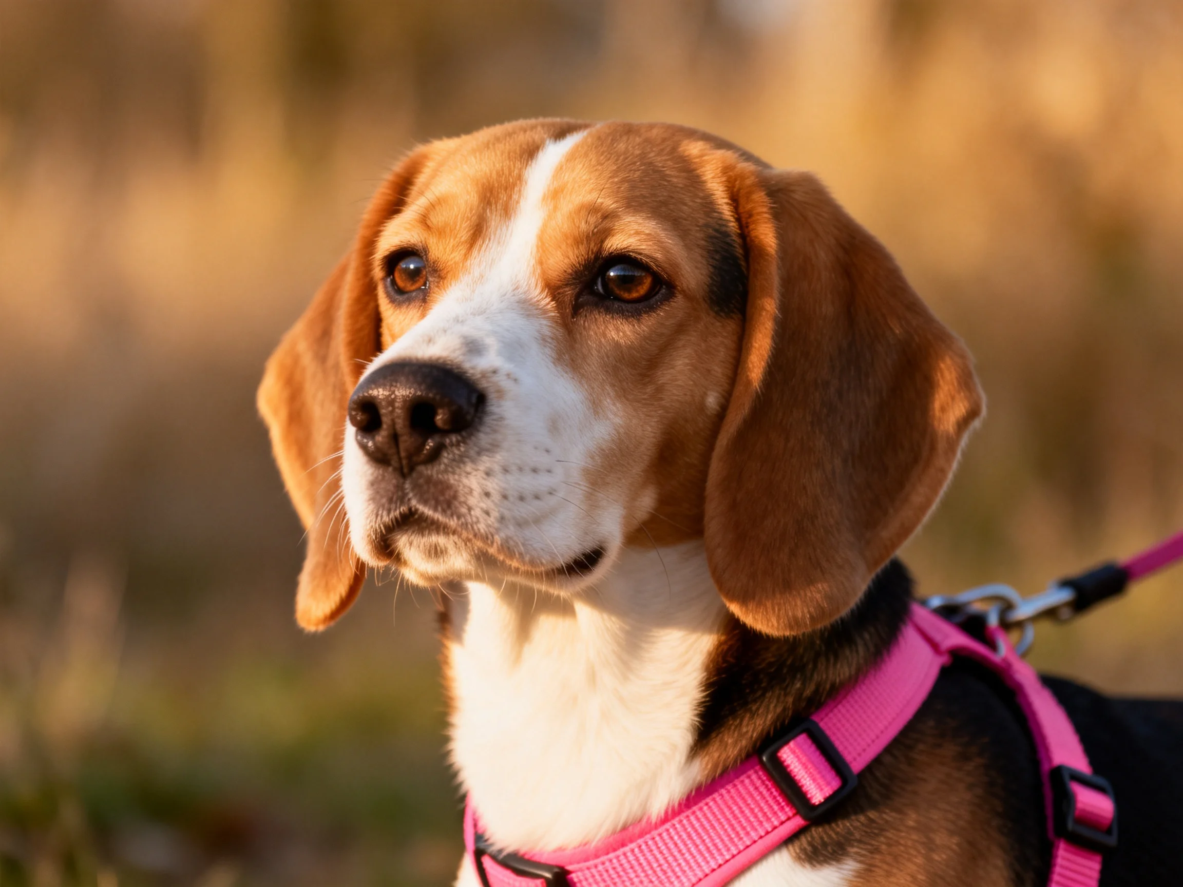 A beagle dog wearing a pink harness stands in a sunlit outdoor environment.