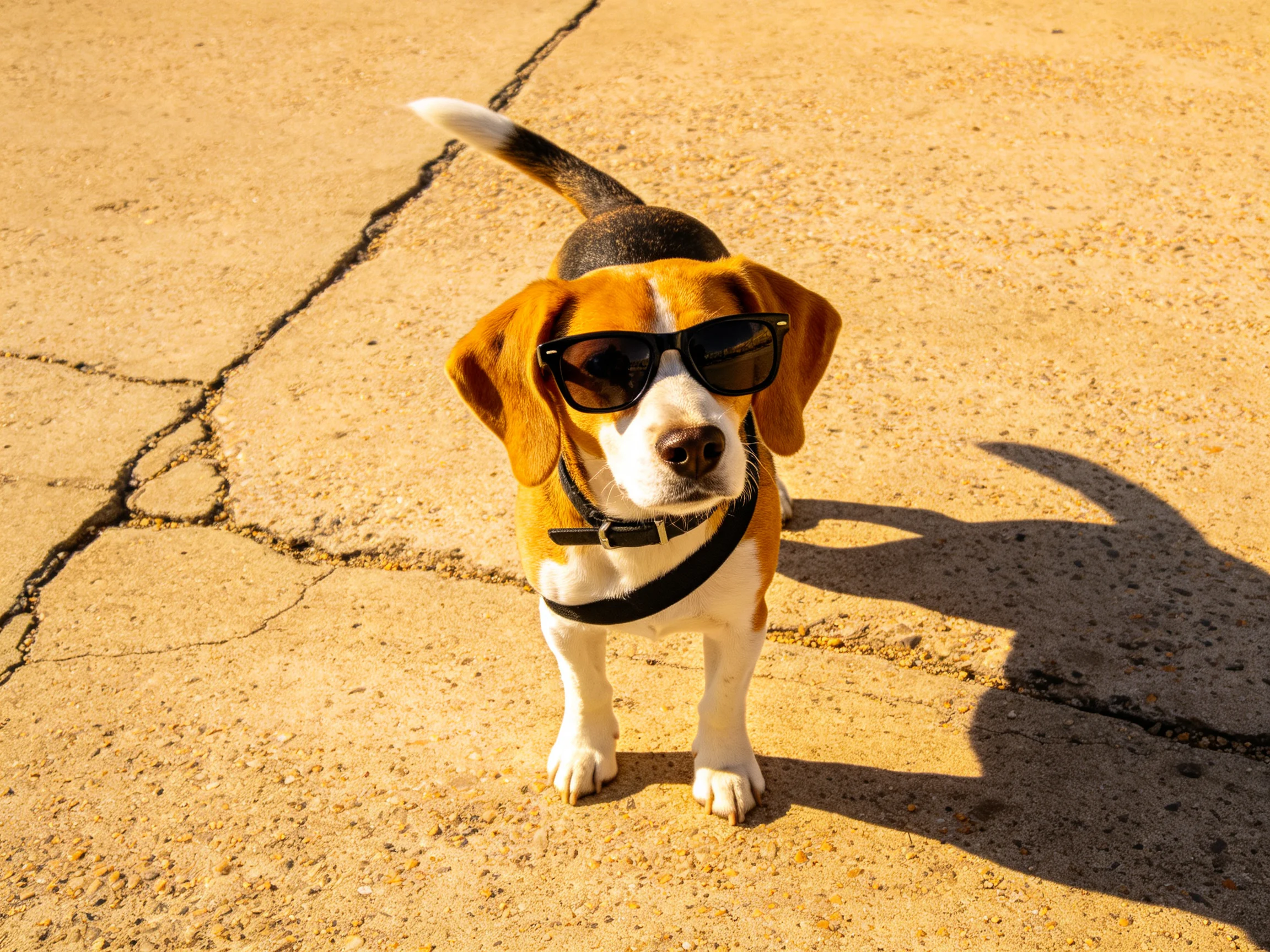 A beagle dog wearing black sunglasses stands on a cracked concrete surface