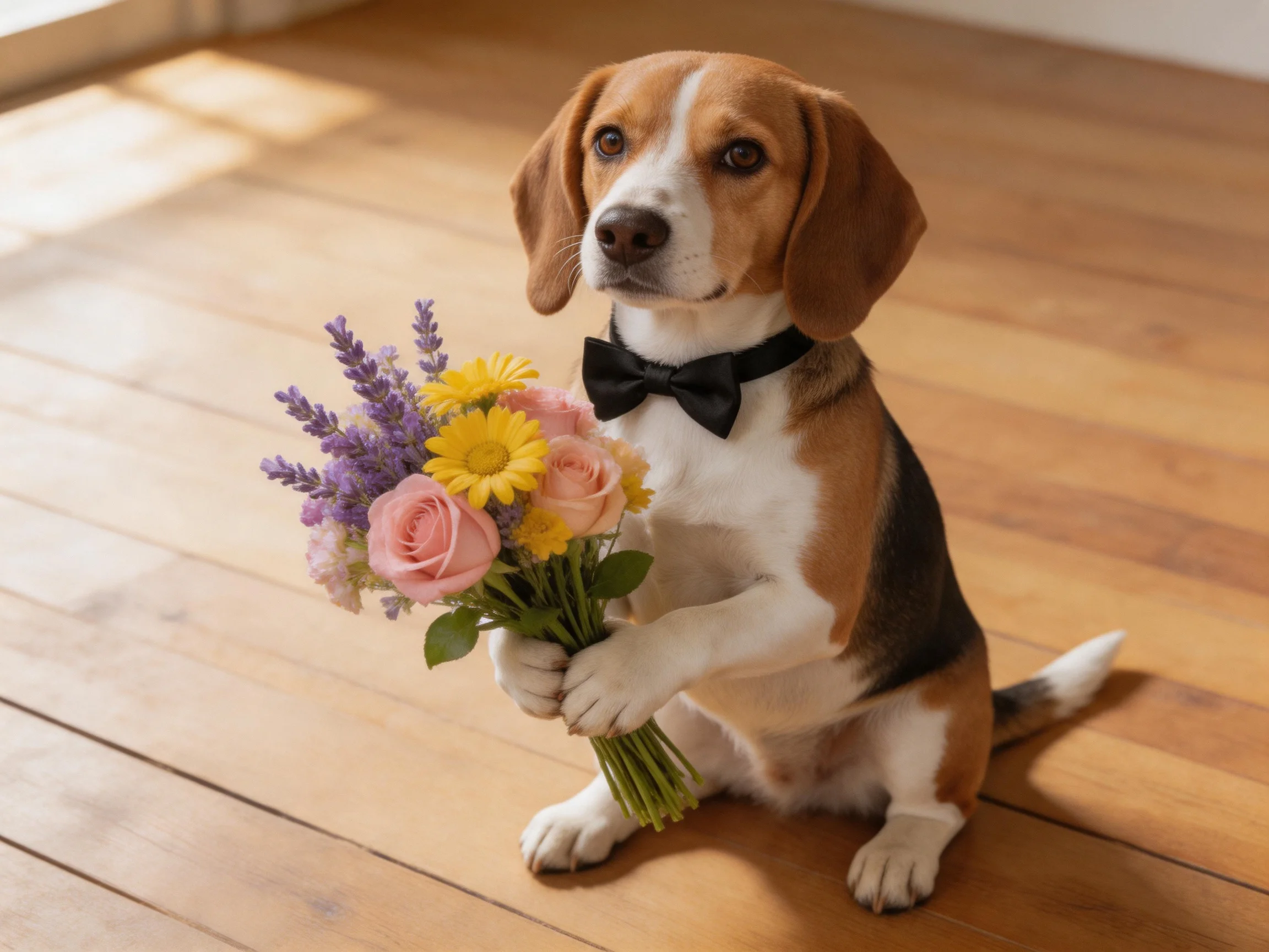 A beagle dog with a black bow tie holds a colorful flower bouquet