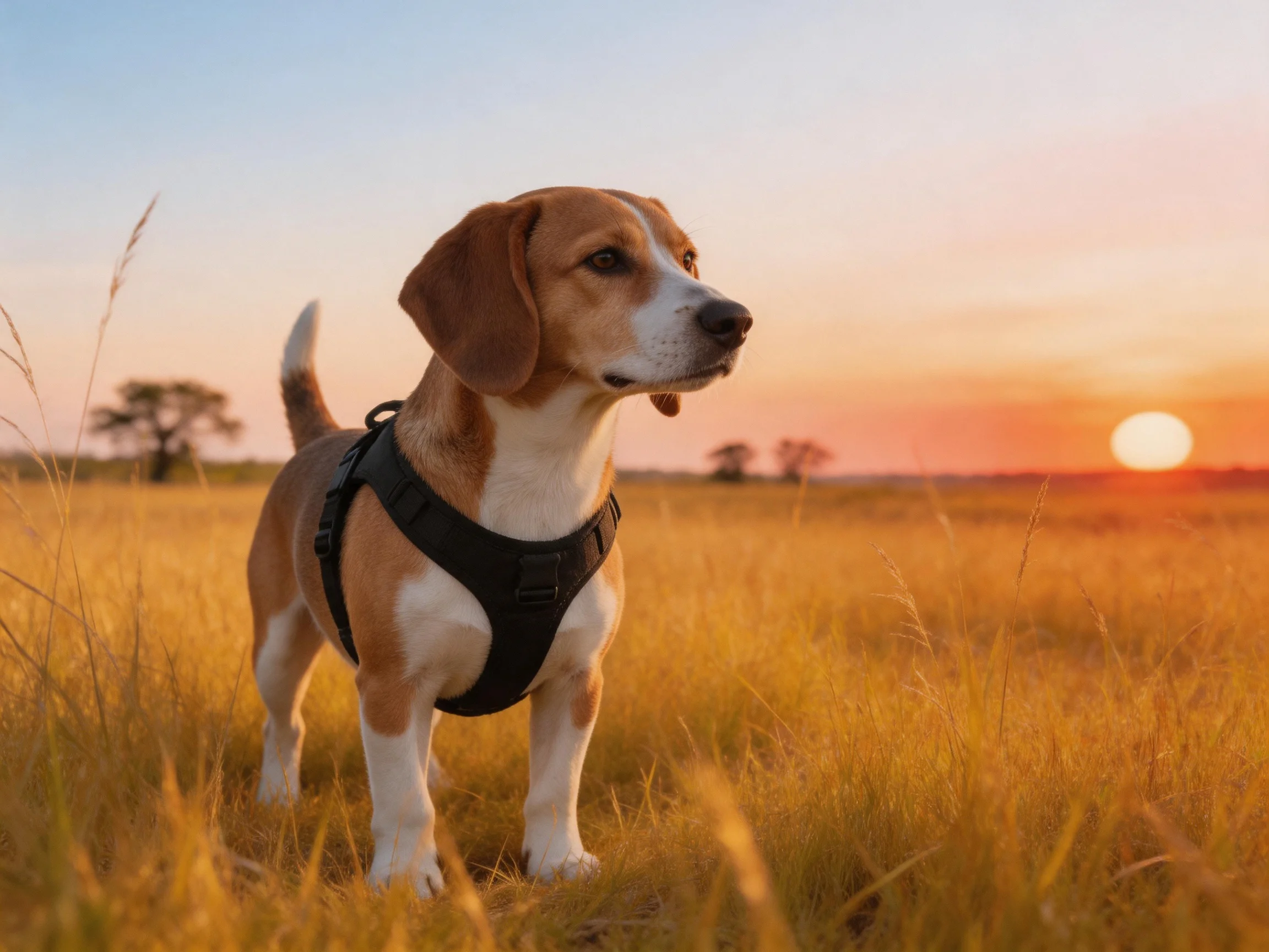 A beagle in a black harness stands amid golden grasses at sunset