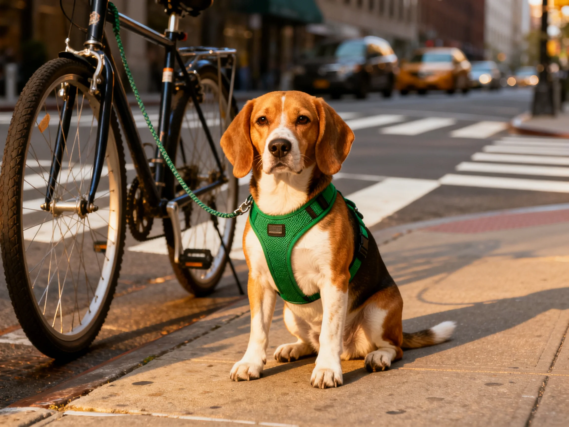 A beagle in a green harness sits near a black bicycle on a city sidewalk