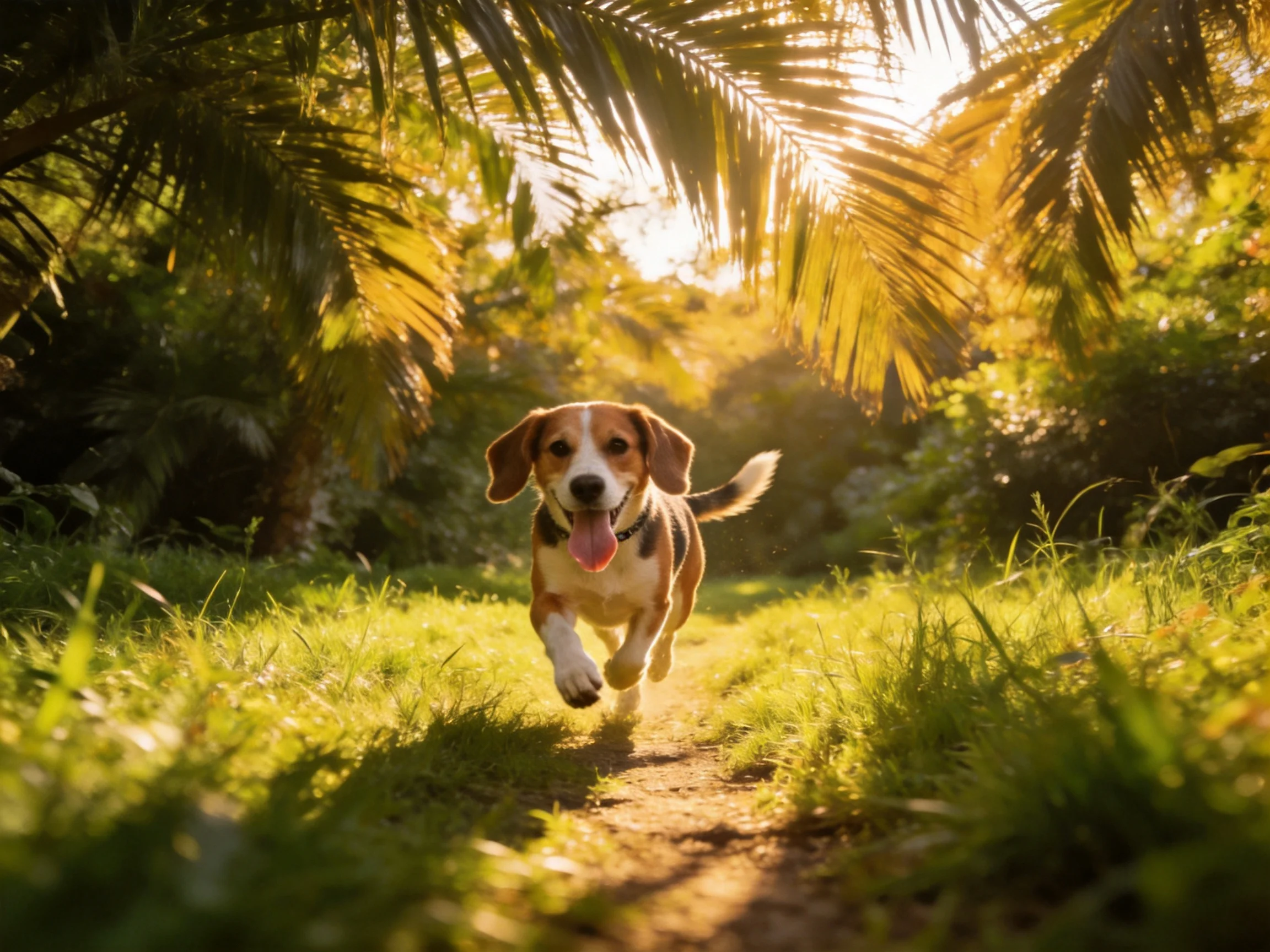 A beagle joyfully runs along a sunlit grassy path surrounded by palm trees