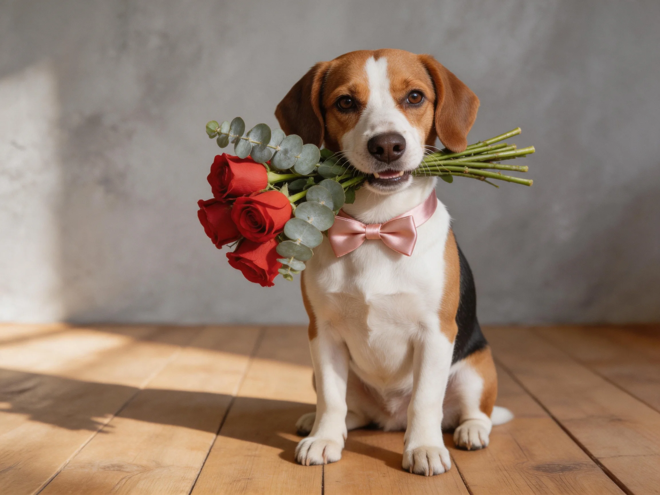 A beagle puppy holds red roses and eucalyptus with a pink bow tie