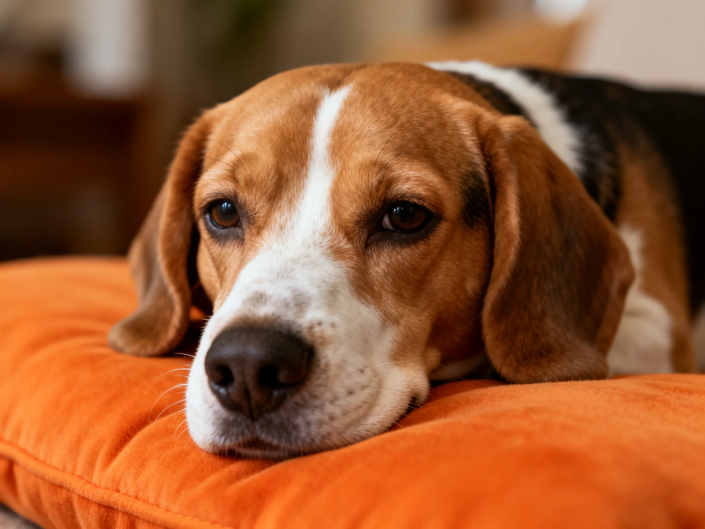 A beagle lies on an orange cushion in a softly lit indoor space.