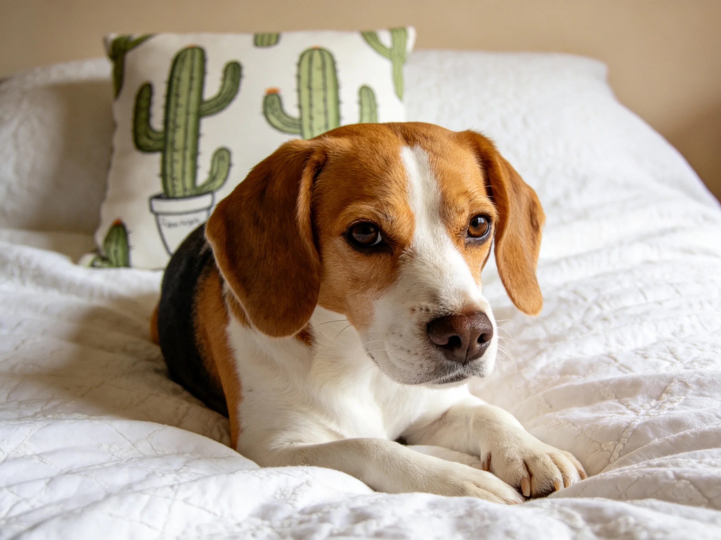 A beagle rests on a white bed near a cactus-patterned pillow