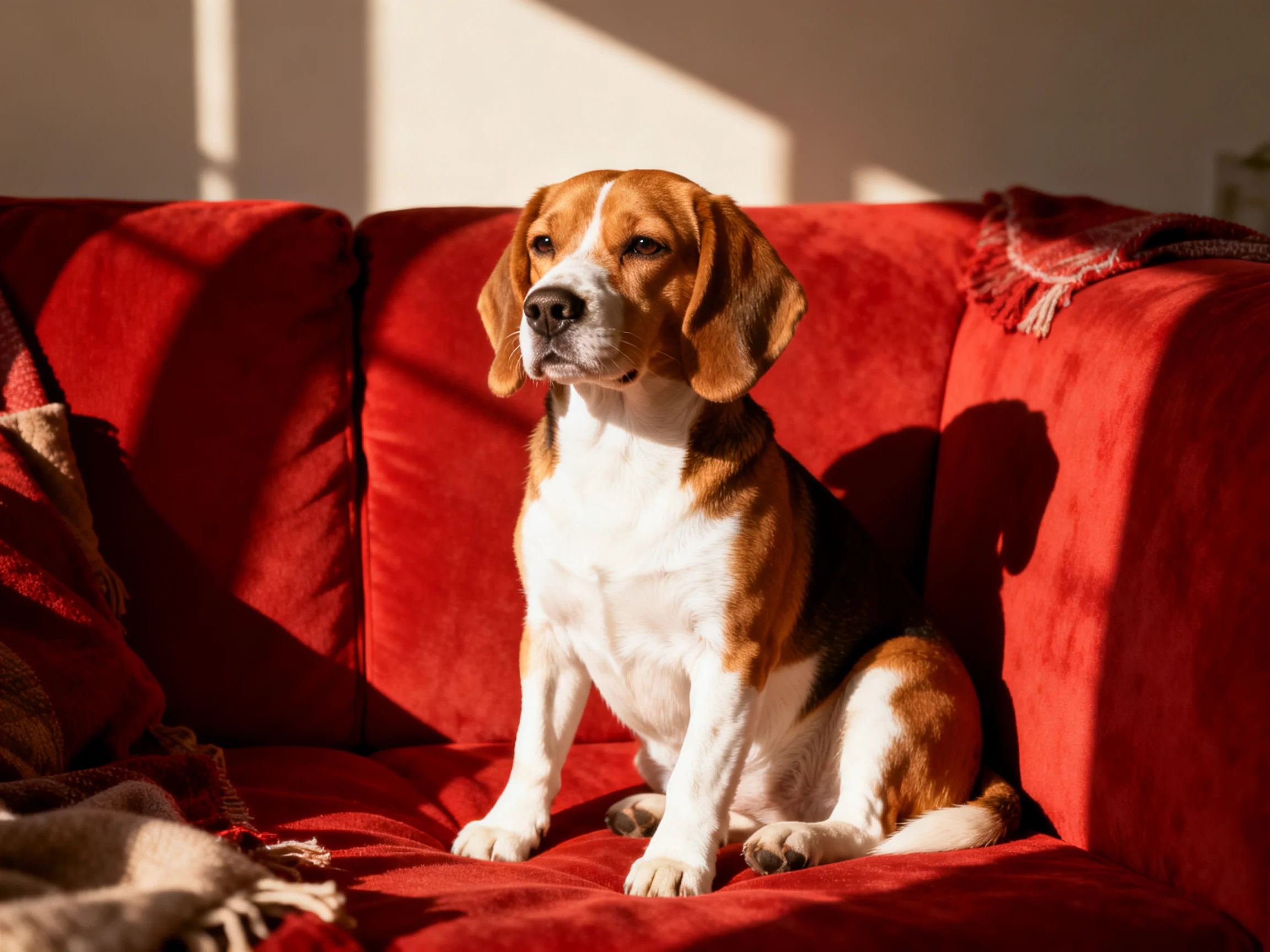 A beagle sits on a red sofa in a sunlit room.
