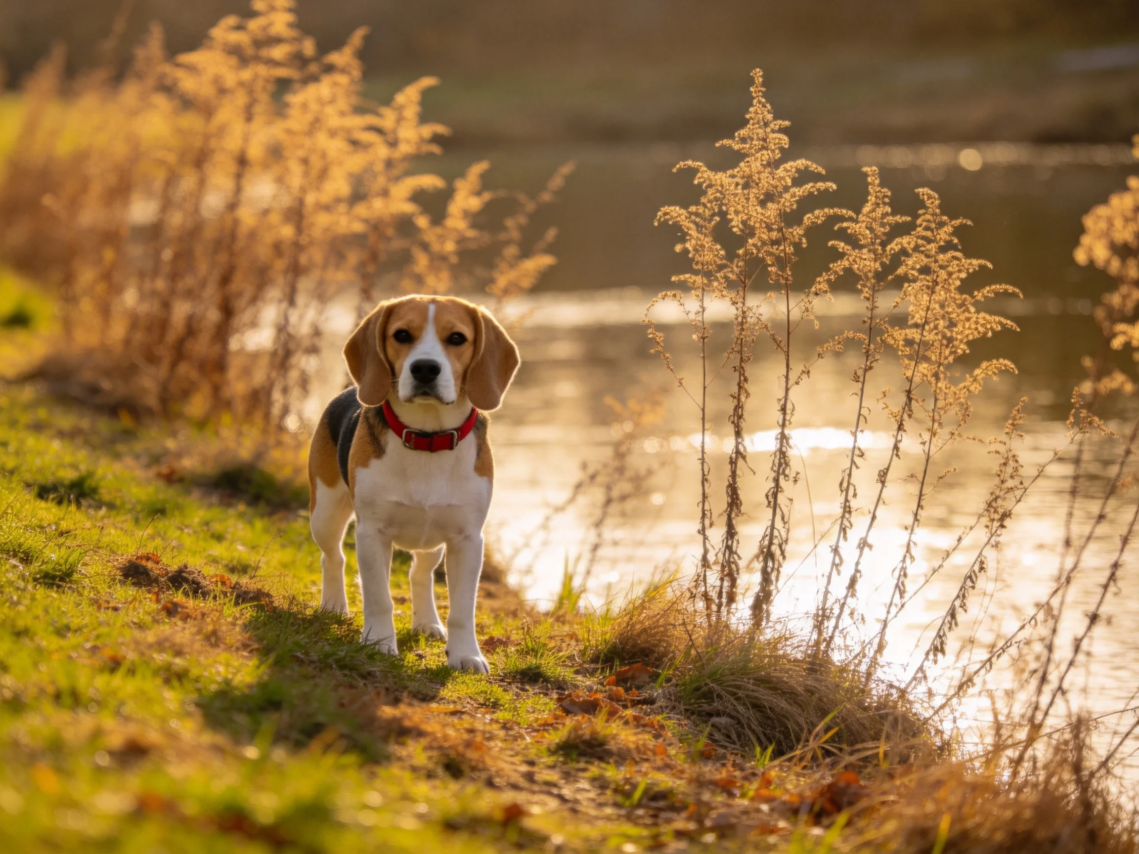 A beagle stands by a shimmering river amid golden foliage
