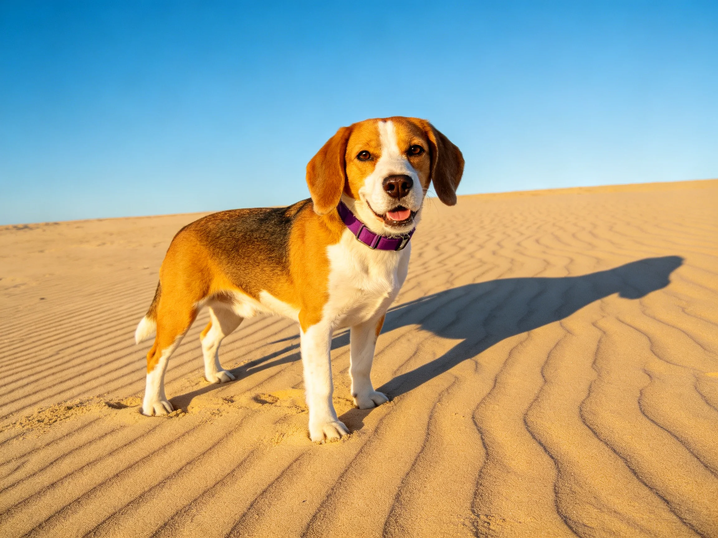 A beagle stands on golden sand dunes under clear blue sky