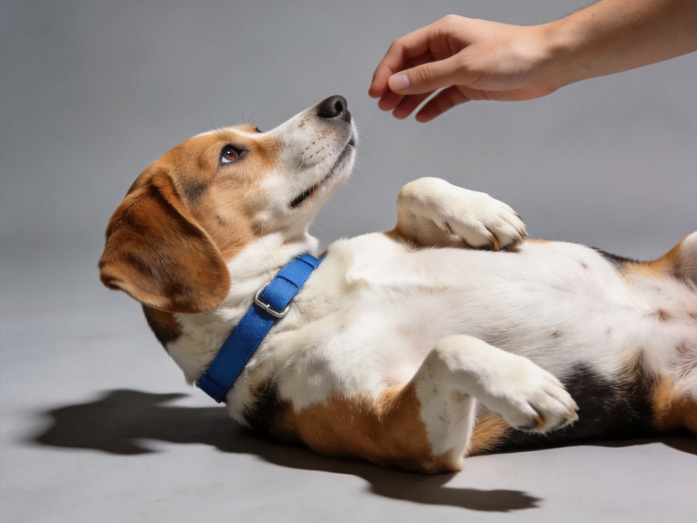 A beagle lies on its back while a hand reaches toward it.
