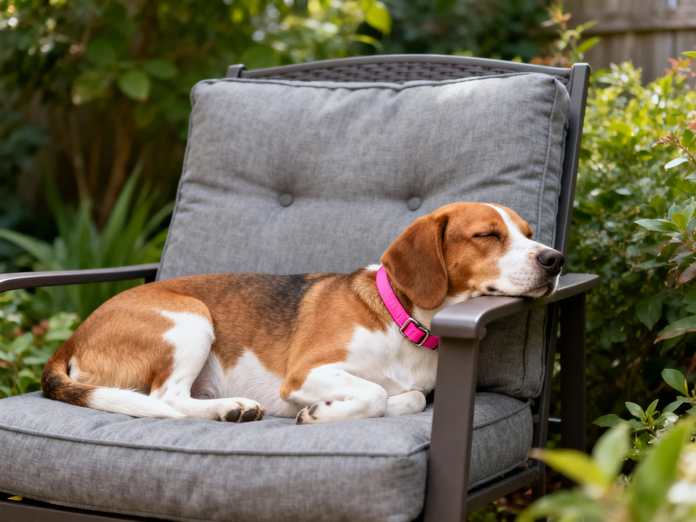A beagle with a pink collar relaxes on a gray patio chair outdoors