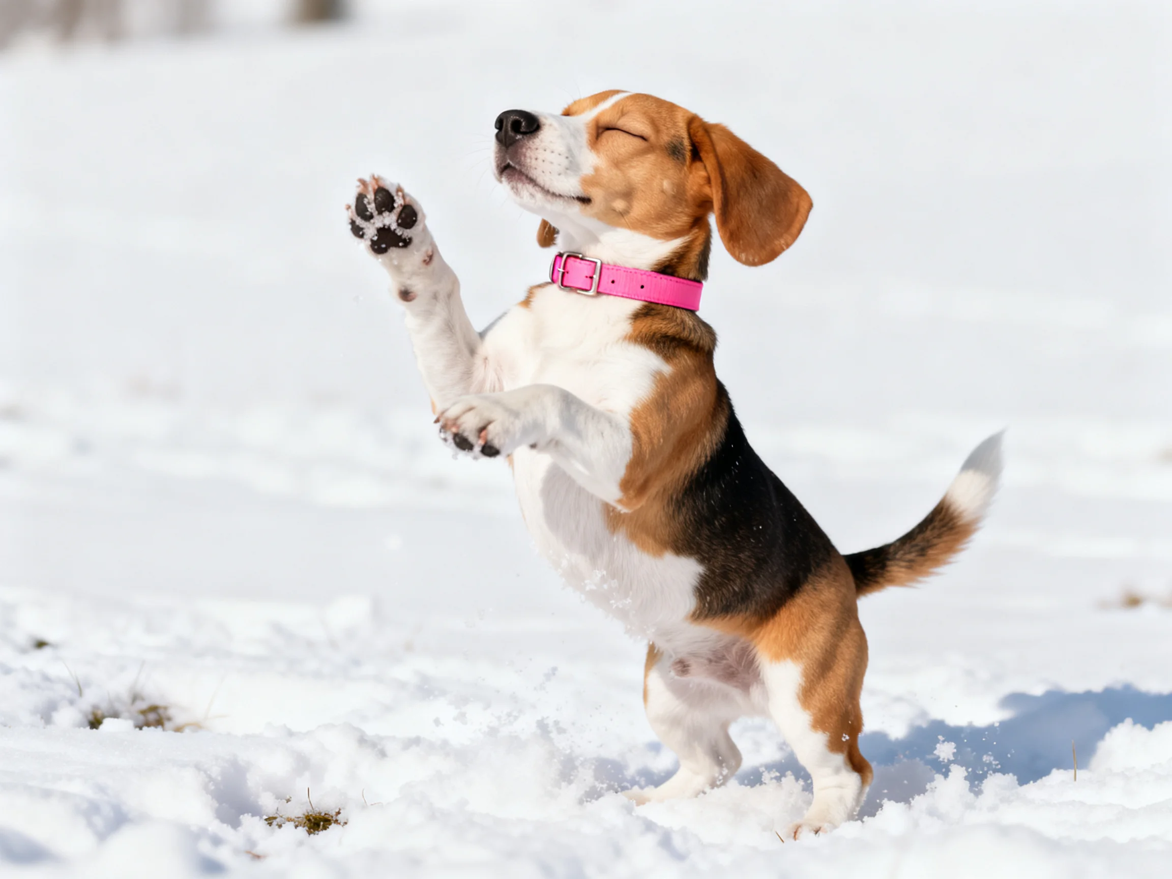 A beagle with a pink collar stands on hind legs in snowy terrain
