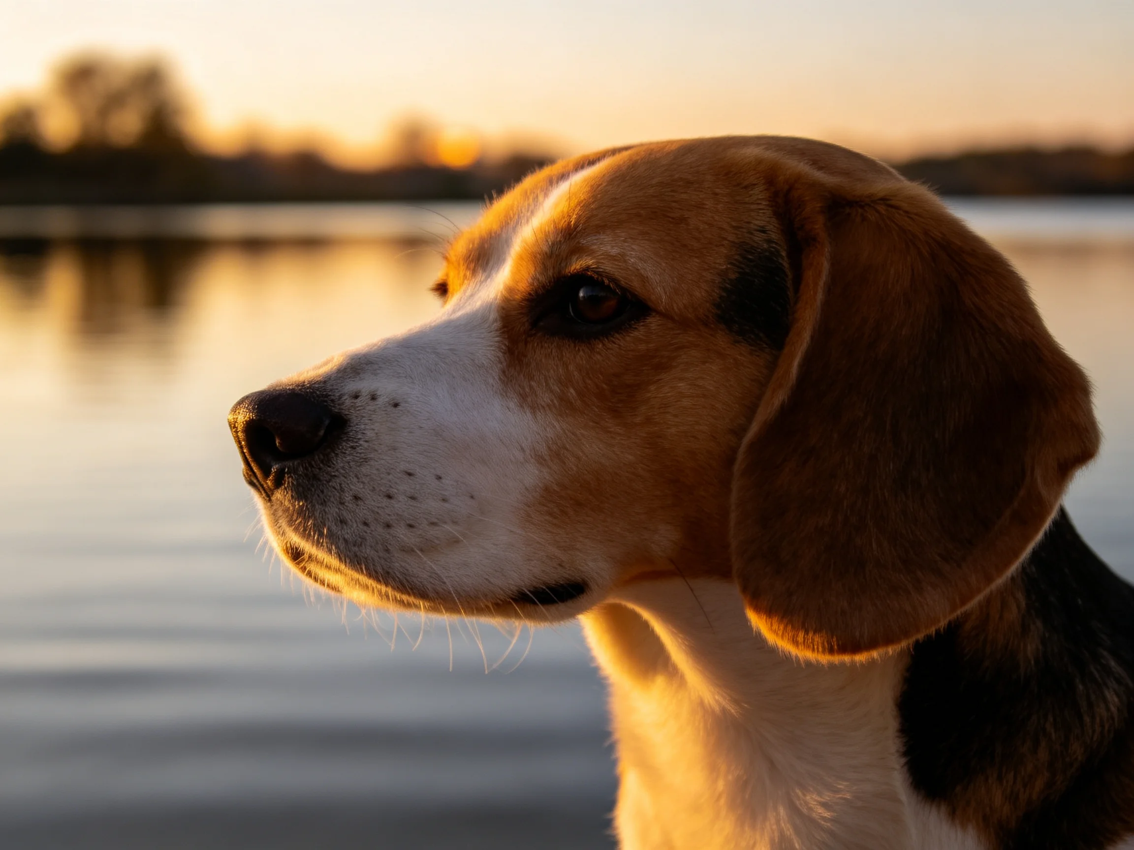 A beagle with brown, white, and black fur overlooks a calm lake at sunset