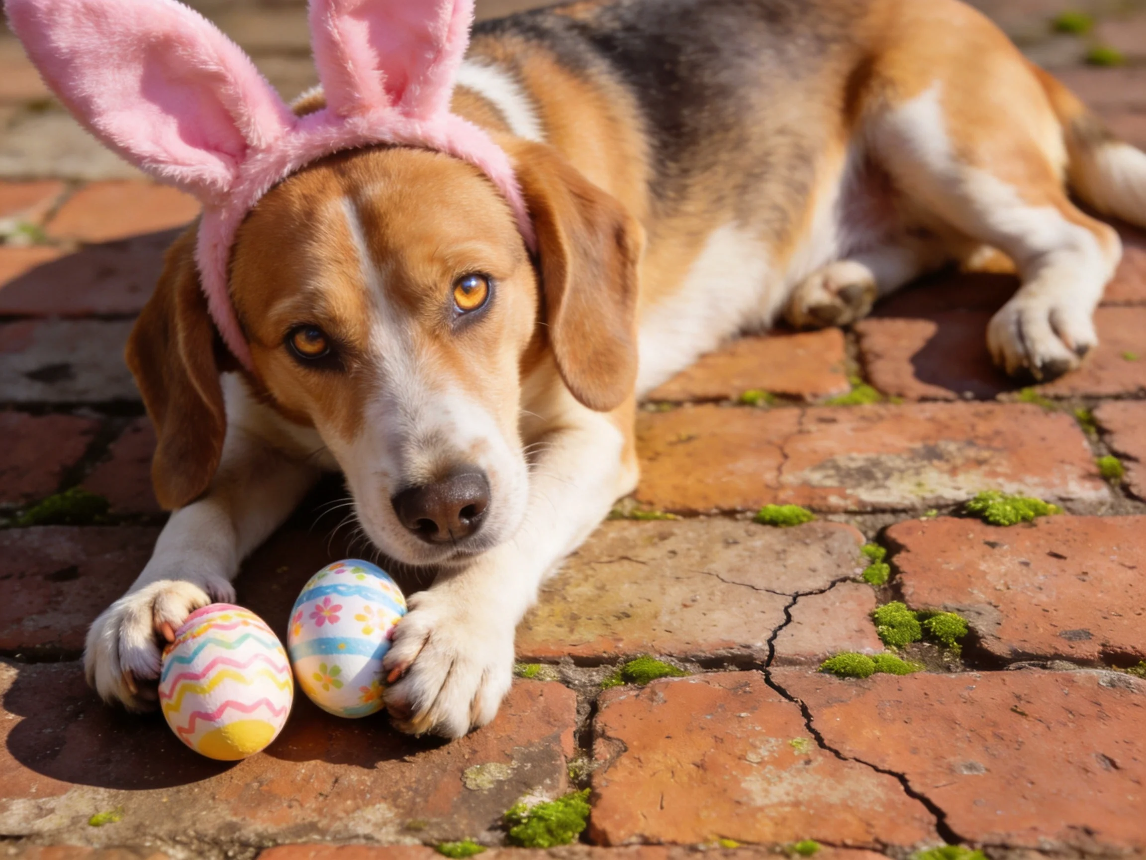 A beagle with pink bunny ears rests near decorated Easter eggs on a brick patio