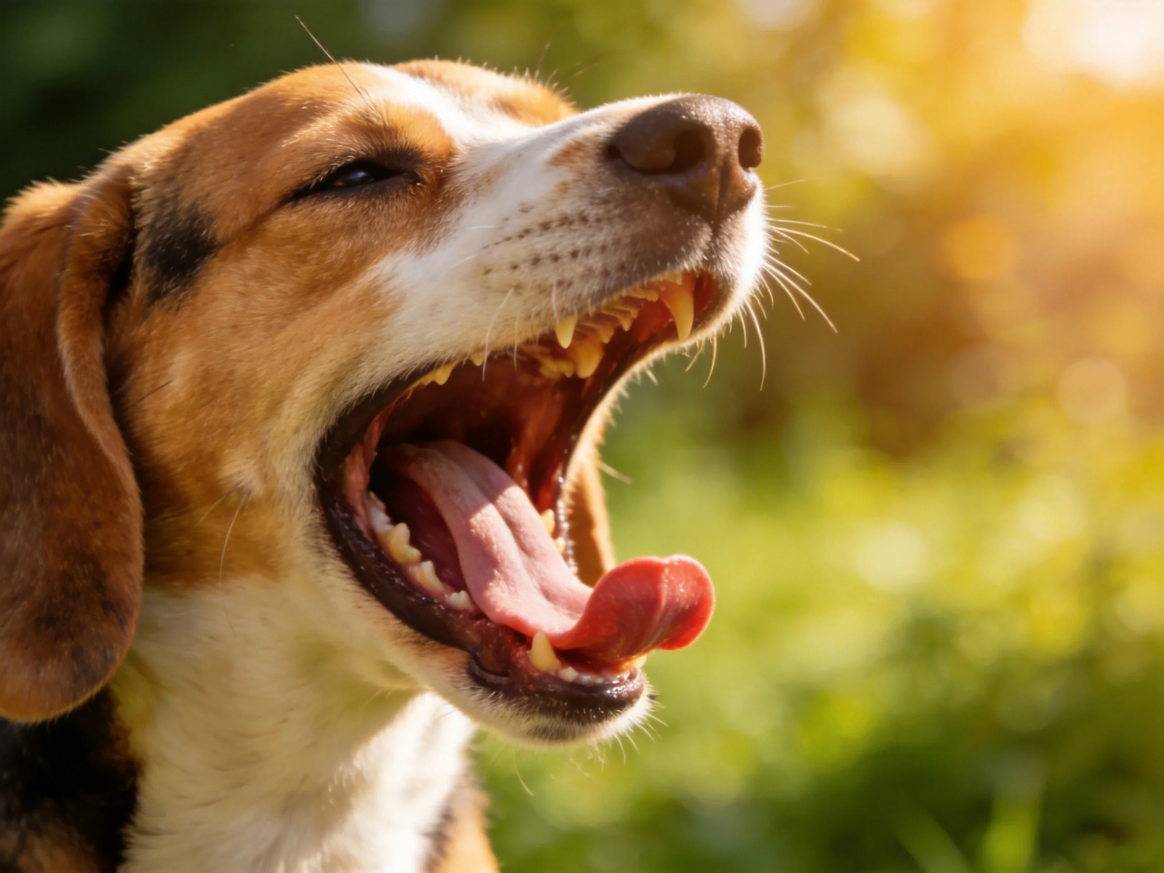 A beagle yawning widely with brown, white, and black fur in sunny outdoor scene