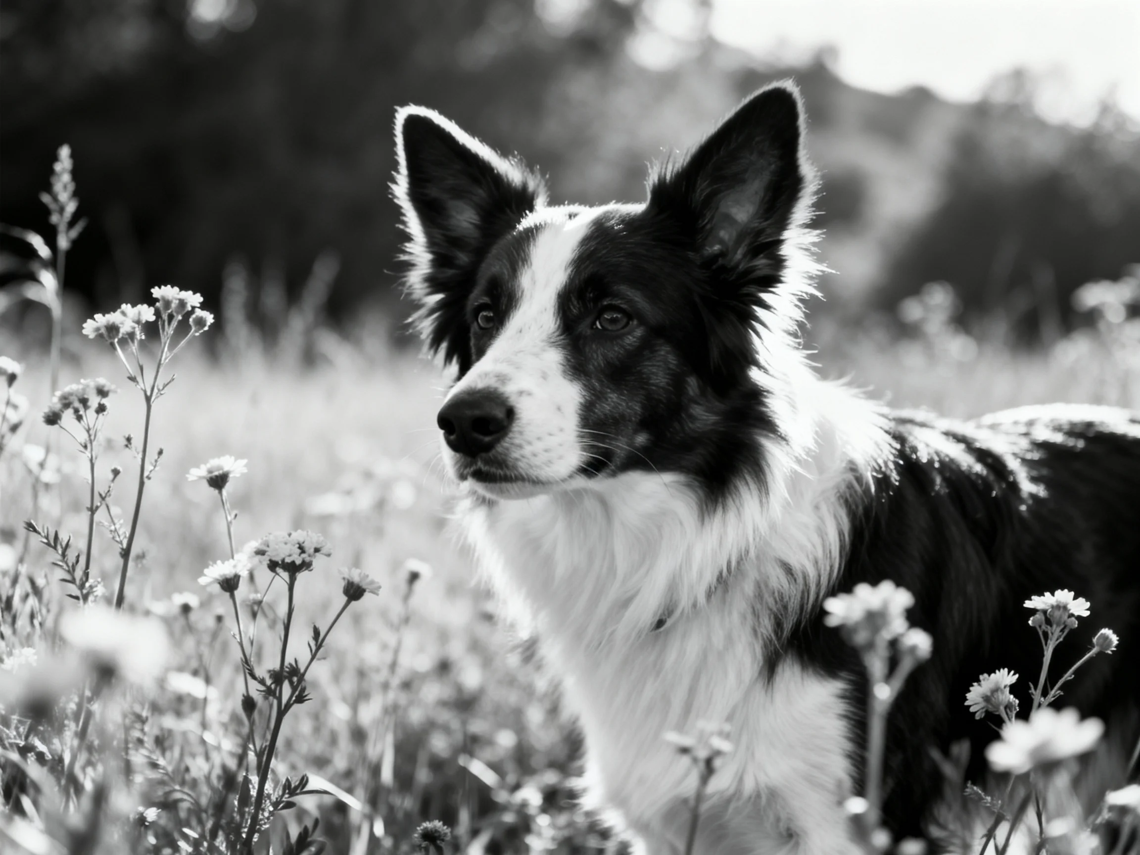 A black - and - white Border Collie stands among wildflowers in a sunlit field.