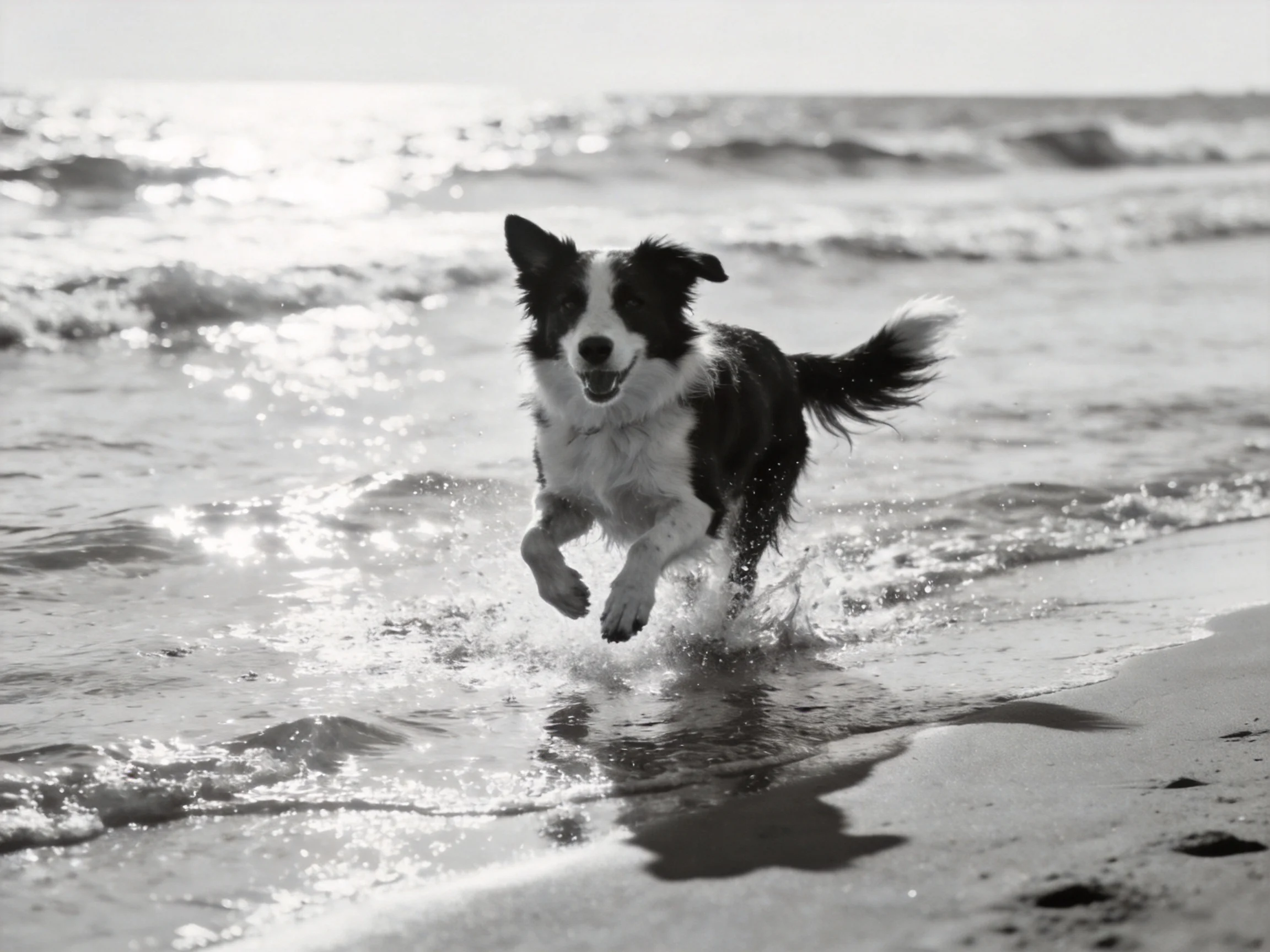 A Border Collie runs joyfully along the shoreline.