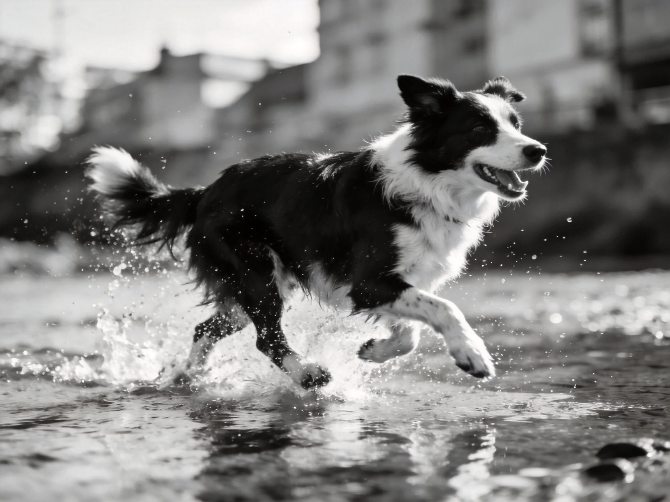A black - and - white Border Collie dashes through shallow water near buildings