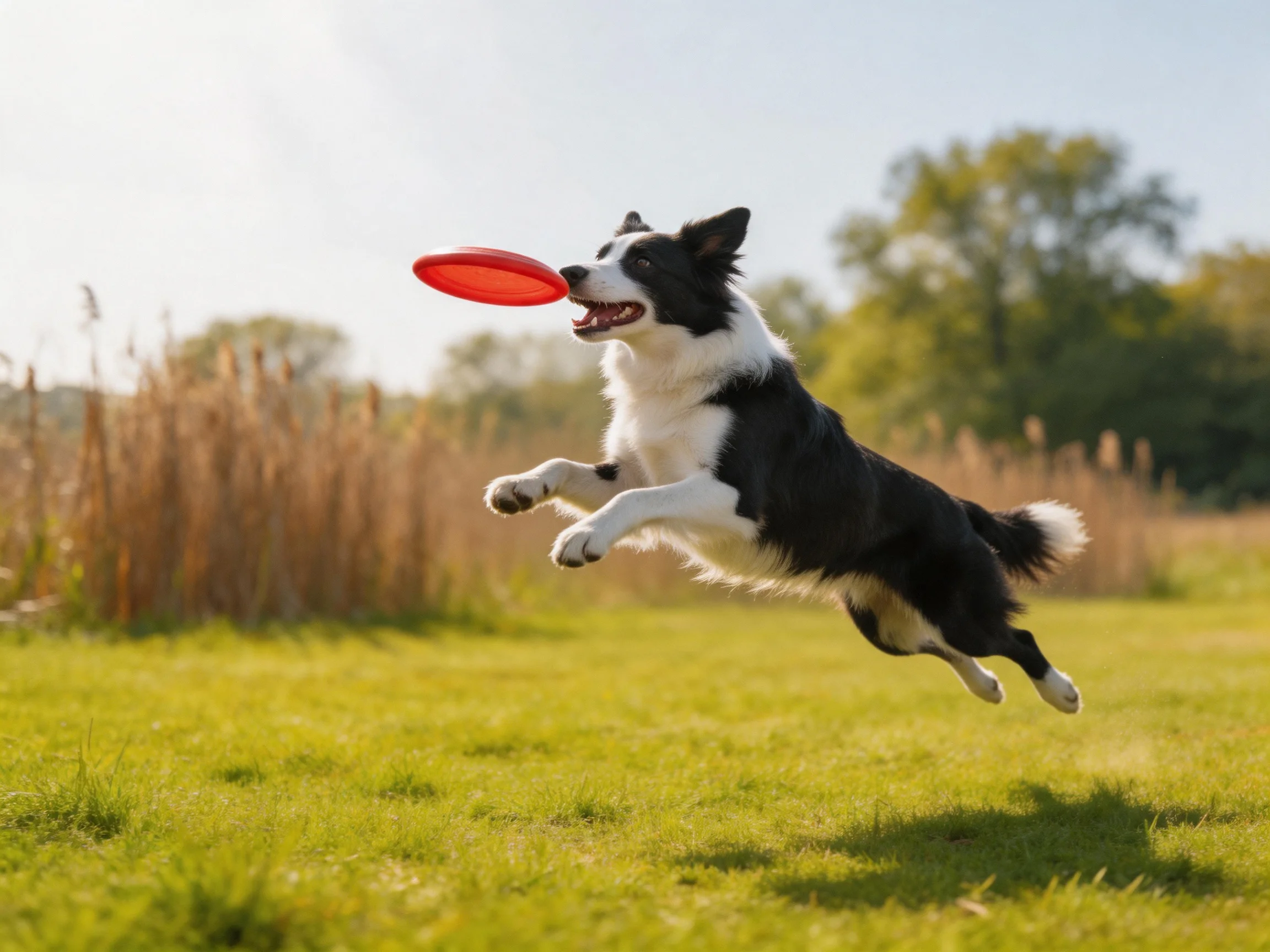 A black - and - white Border Collie leaps for a bright red frisbee in a sunlit field
