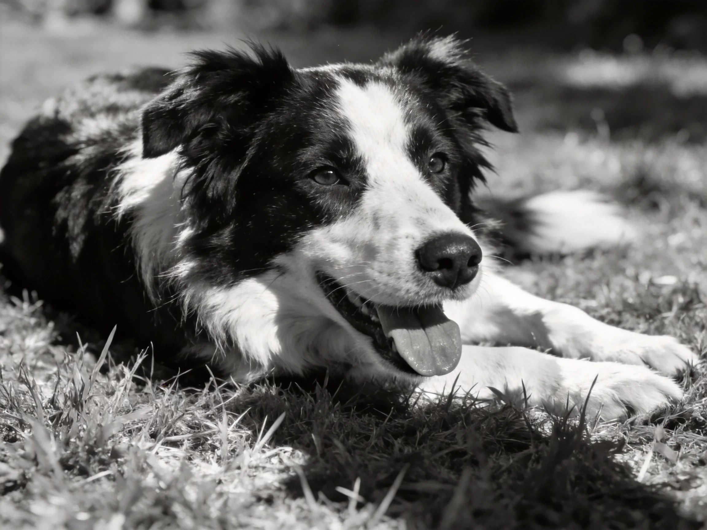 A black - and - white Border Collie rests on grassy terrain