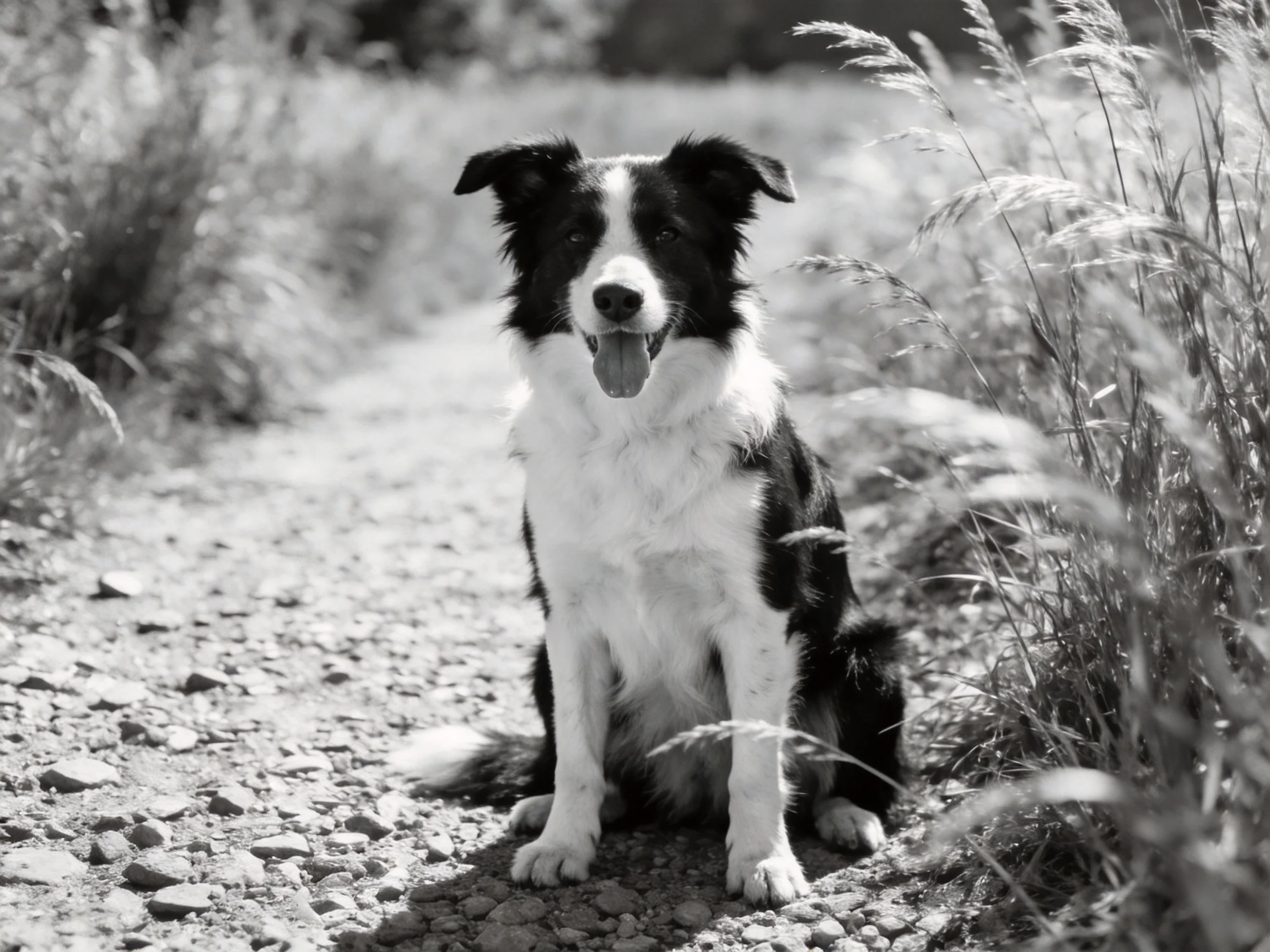 A black - and - white Border Collie sits on a gravel path amid tall grass