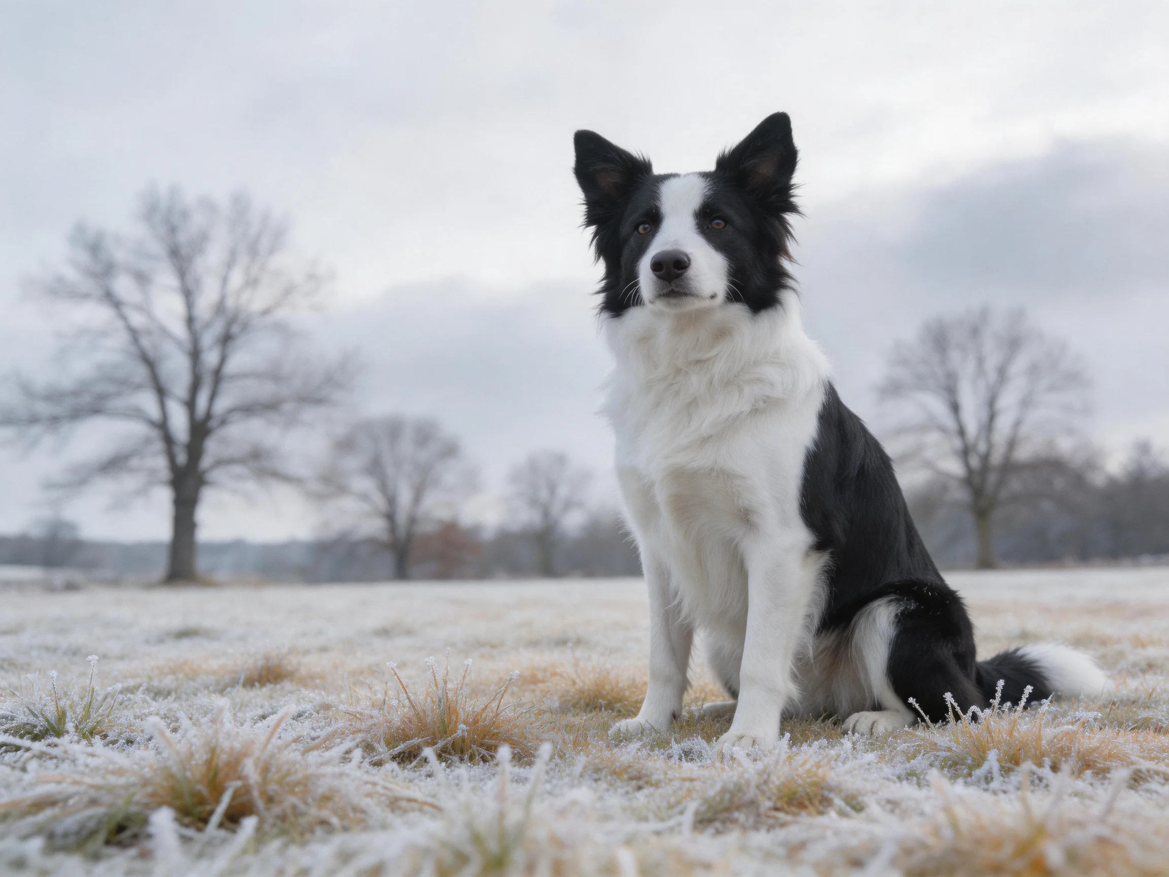 A black - and - white Border Collie sits on frosty grass with leafless trees in the background.