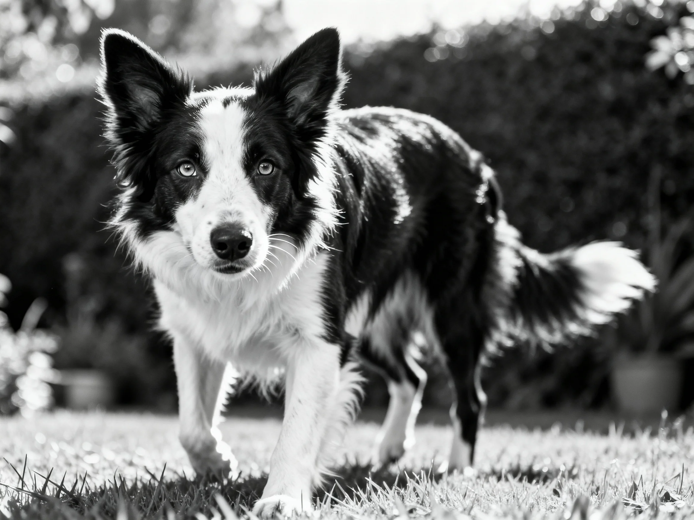 A black - and - white Border Collie stands attentively in a sunlit outdoor area.
