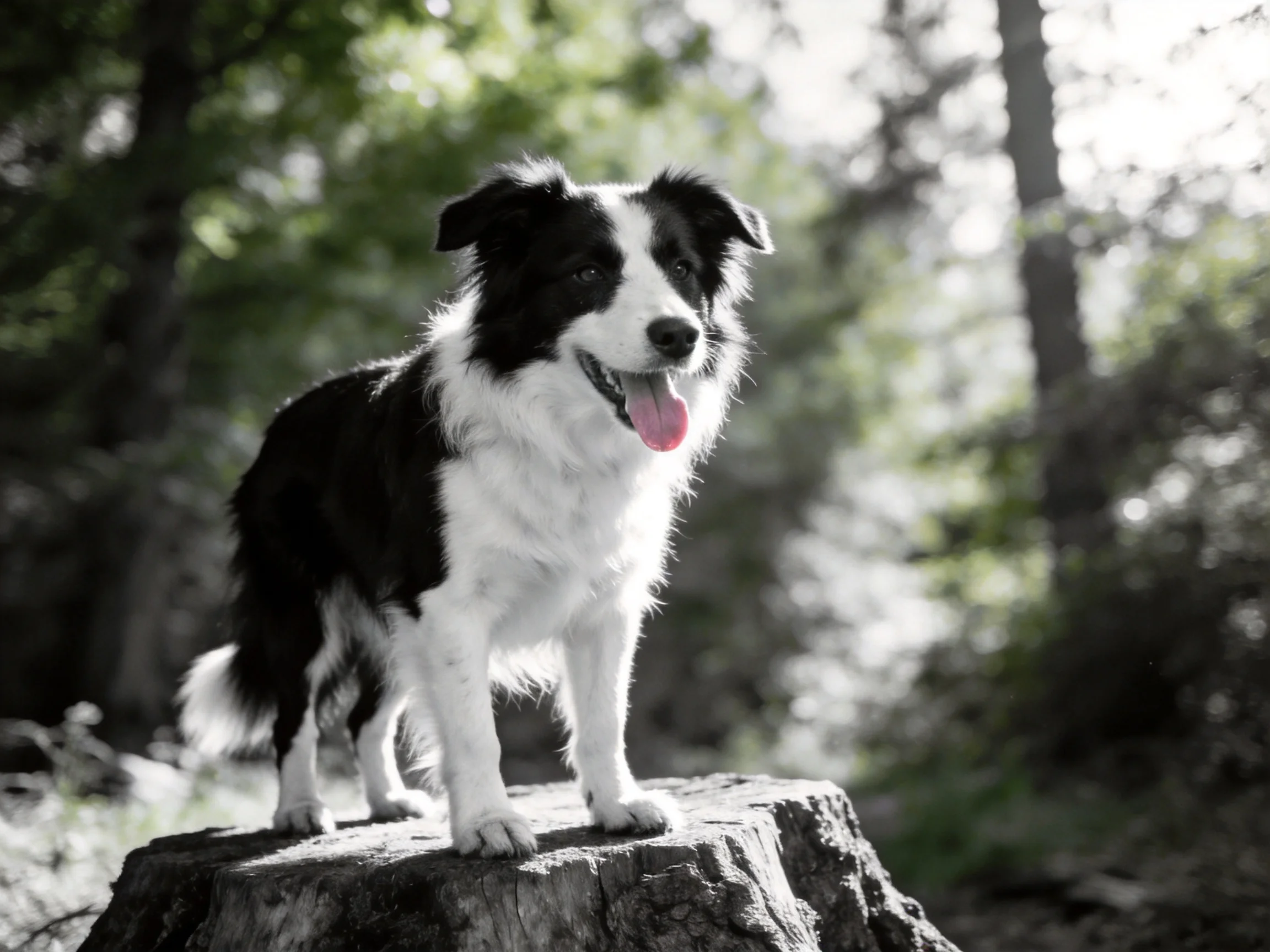 A black - and - white Border Collie stands on a tree stump in a sunlit forest