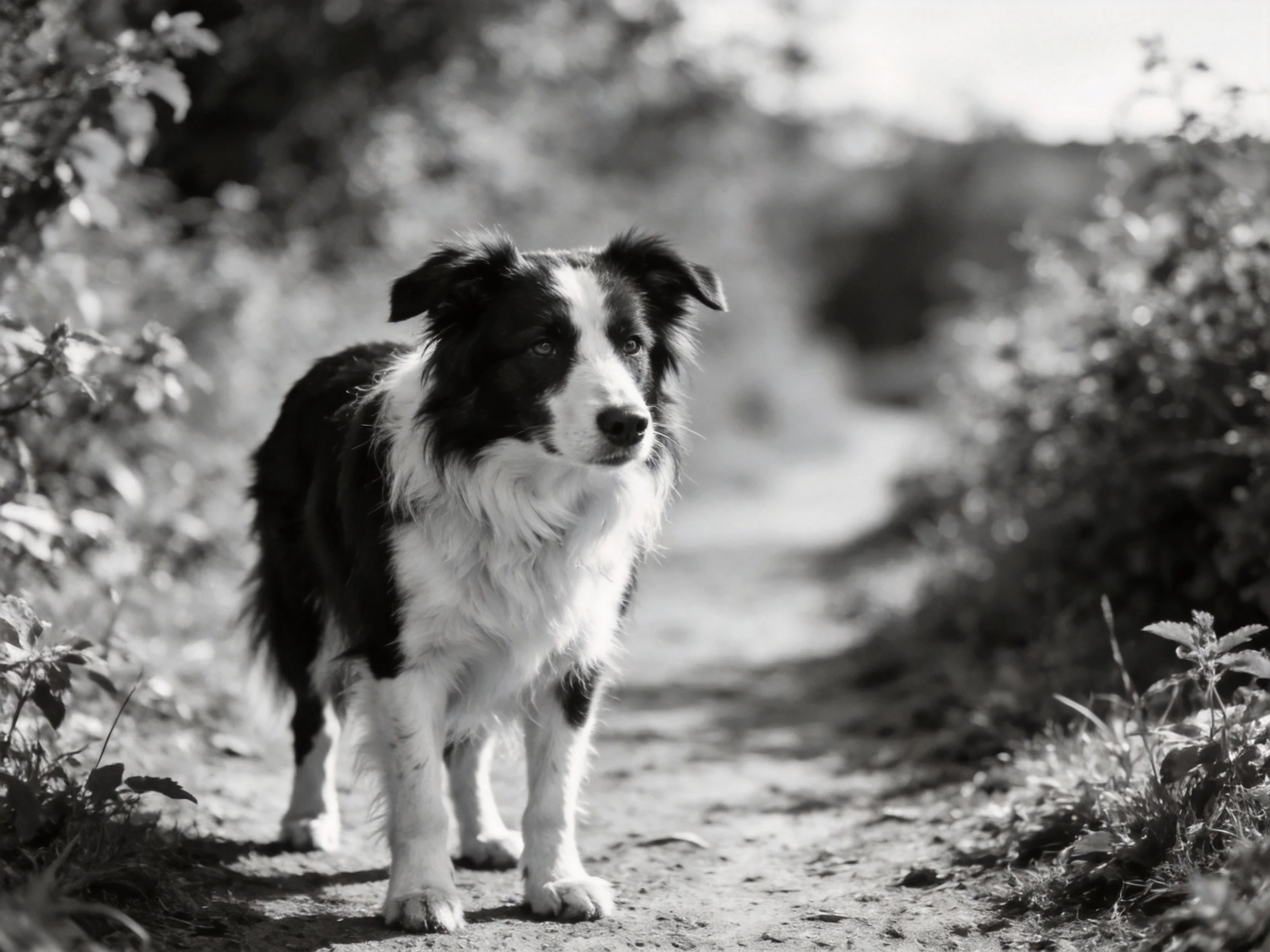 A black - and - white Border Collie stands on a sunlit dirt path