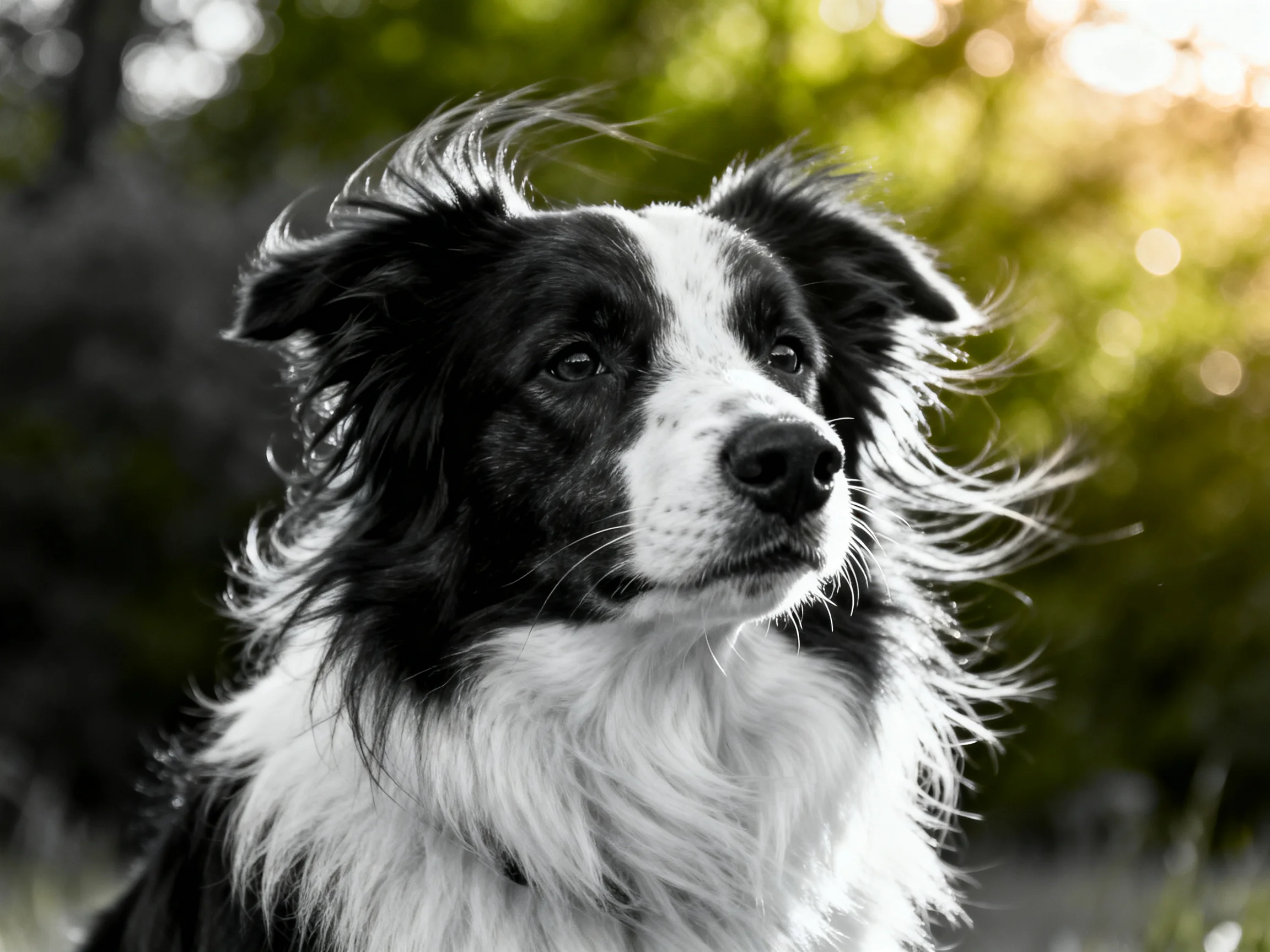 A black - and - white Border Collie gazes thoughtfully amid soft, out - of - focus greenery.