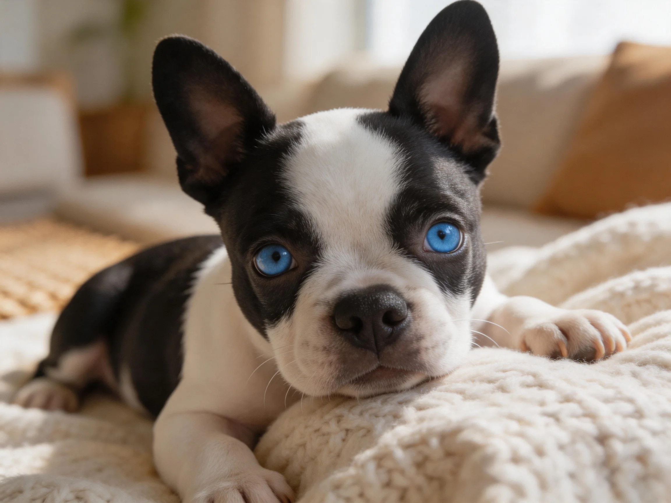 A black - and - white Boston Terrier puppy with bright blue eyes rests on a cream blanket