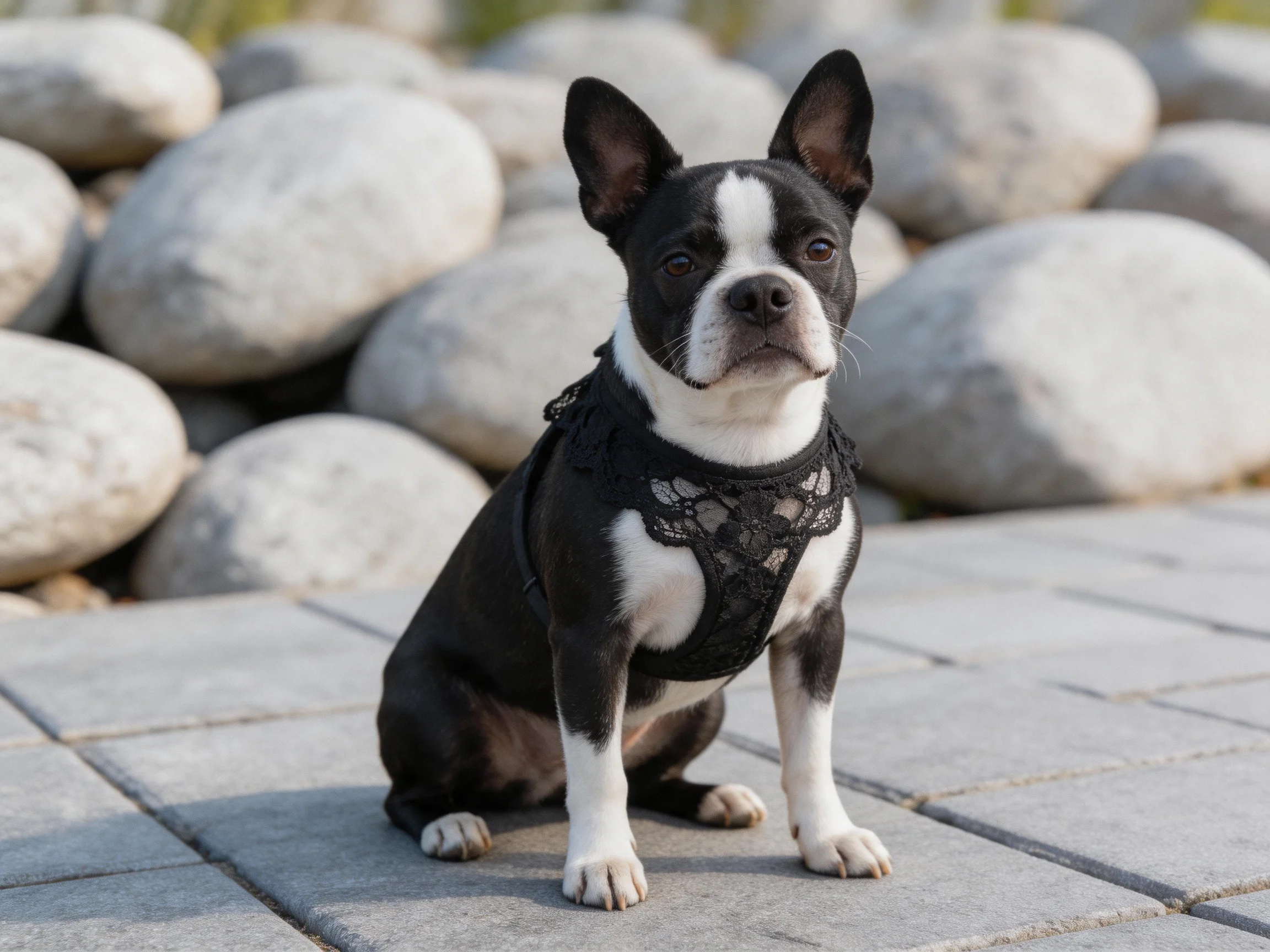 A black - and - white Boston Terrier sits on stone tiles near large gray rocks