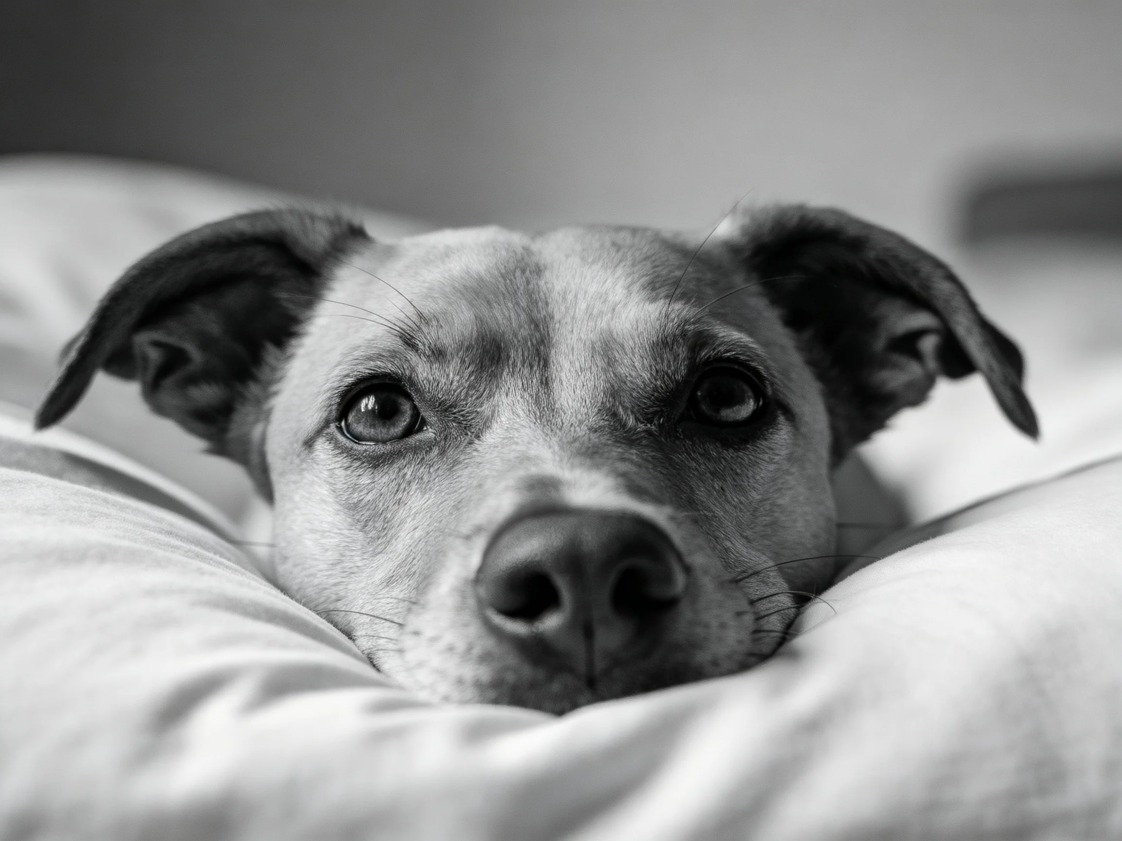 A dog rests on soft bedding in a black - and - white photograph.