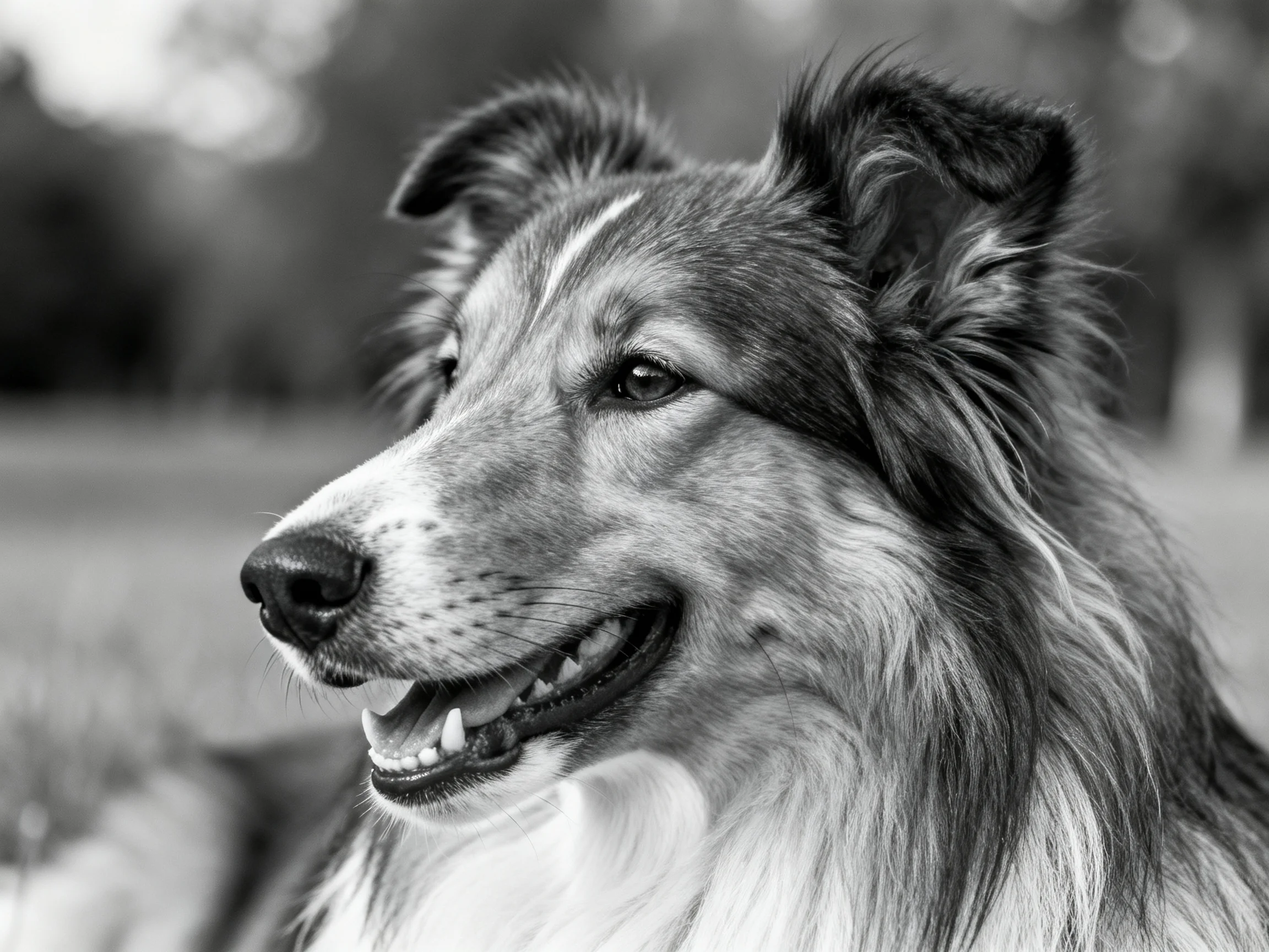 A shaggy - coated dog gazes attentively in a black - and - white photograph.