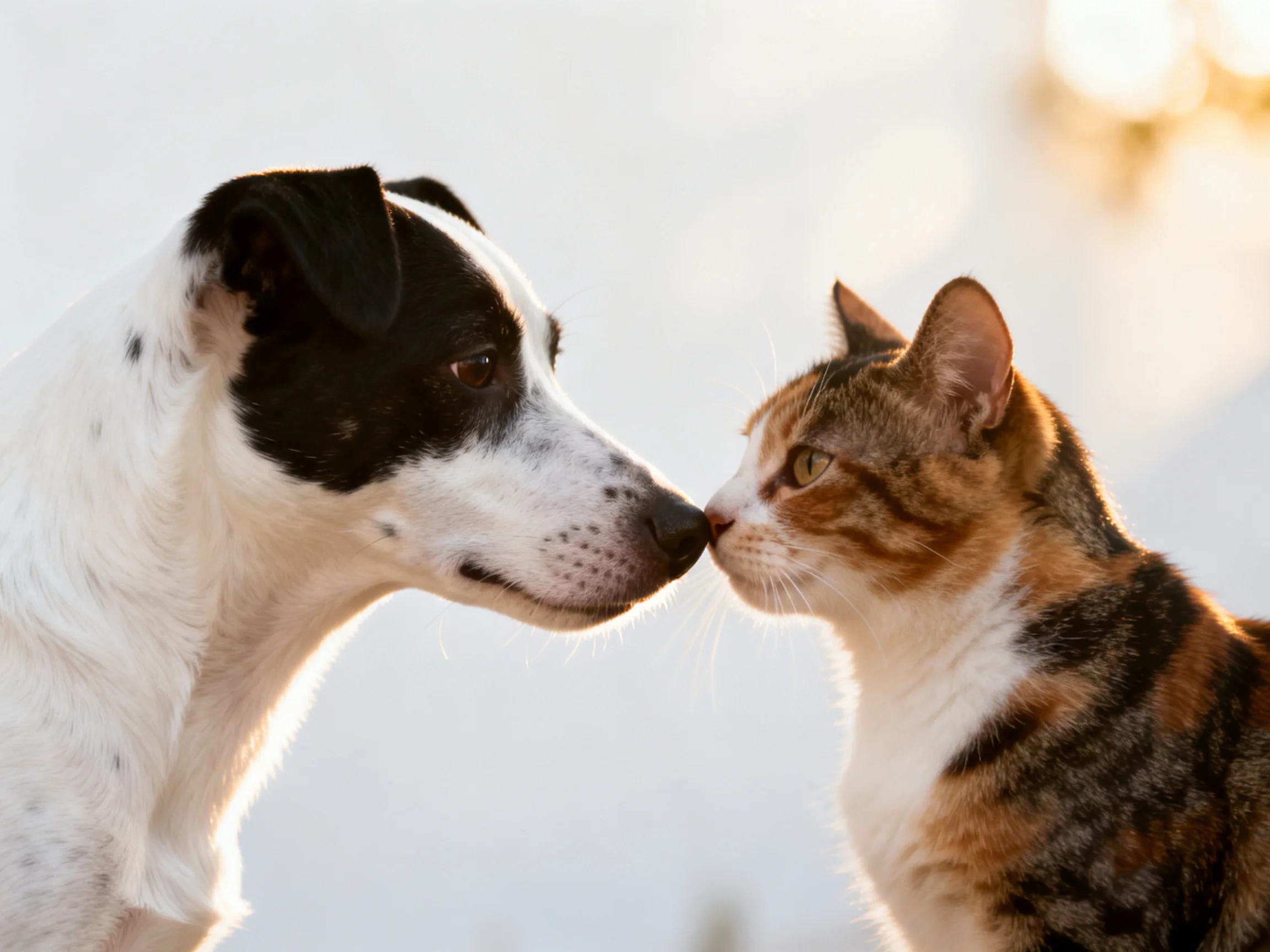 A black - and - white dog and a calico cat gently touch noses outdoors.