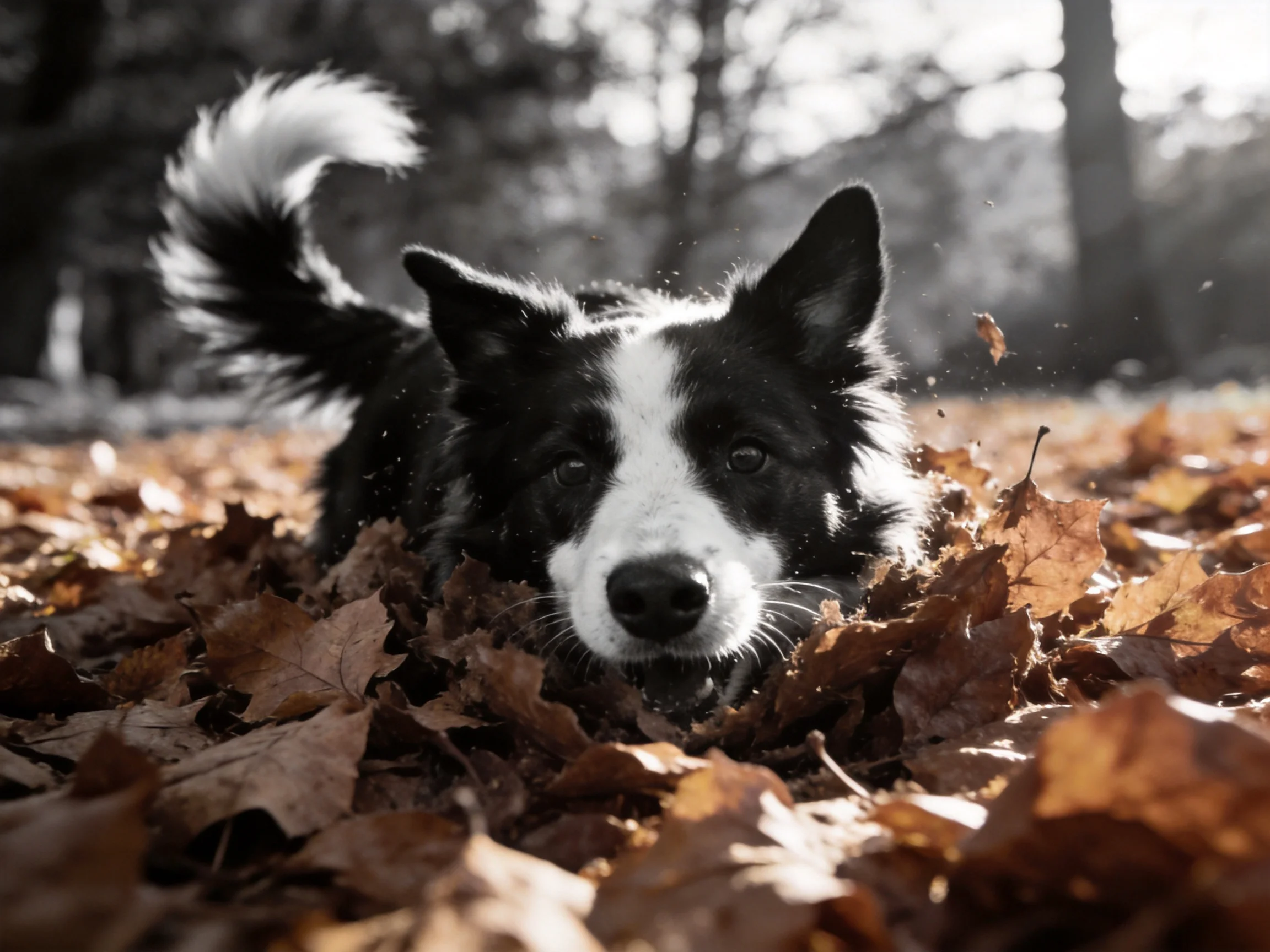 A black - and - white dog interacts with fallen autumn leaves in a sunlit area.