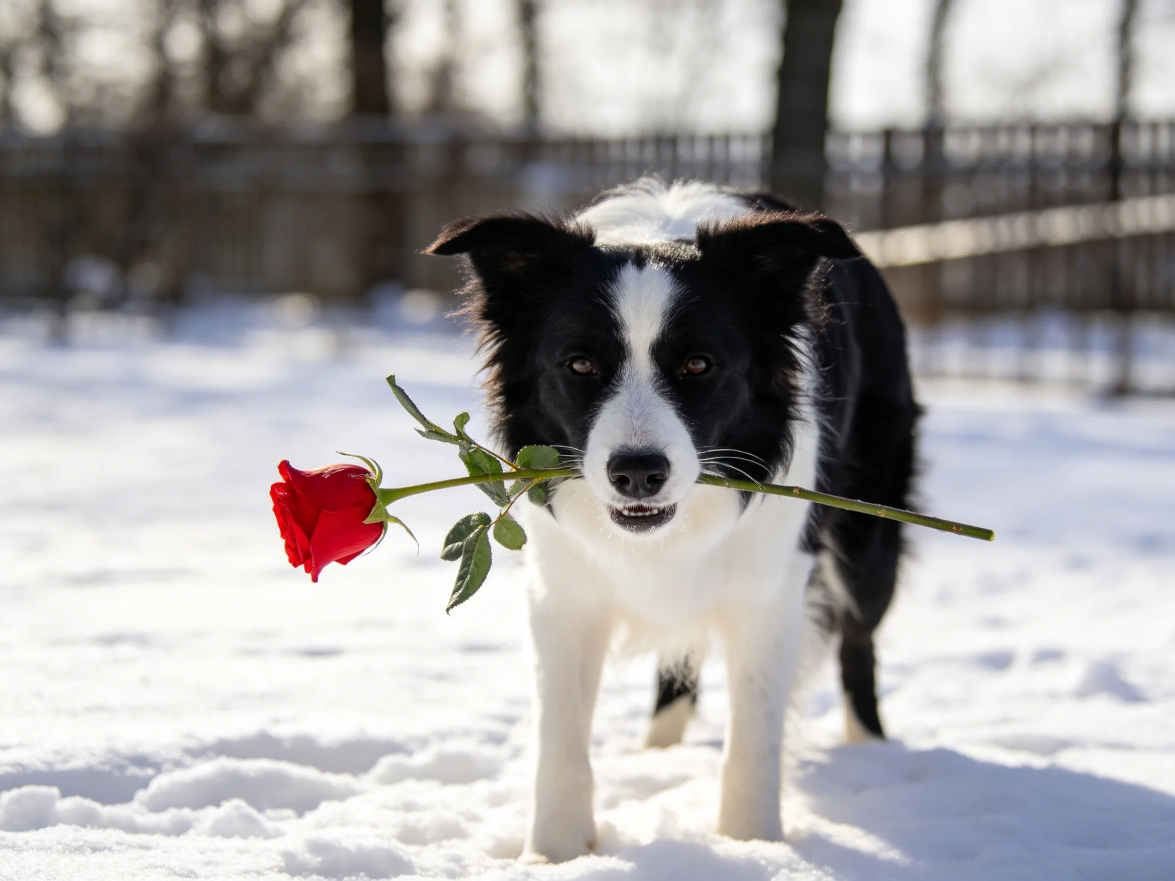 A black - and - white dog holds a bright red rose in a snowy landscape