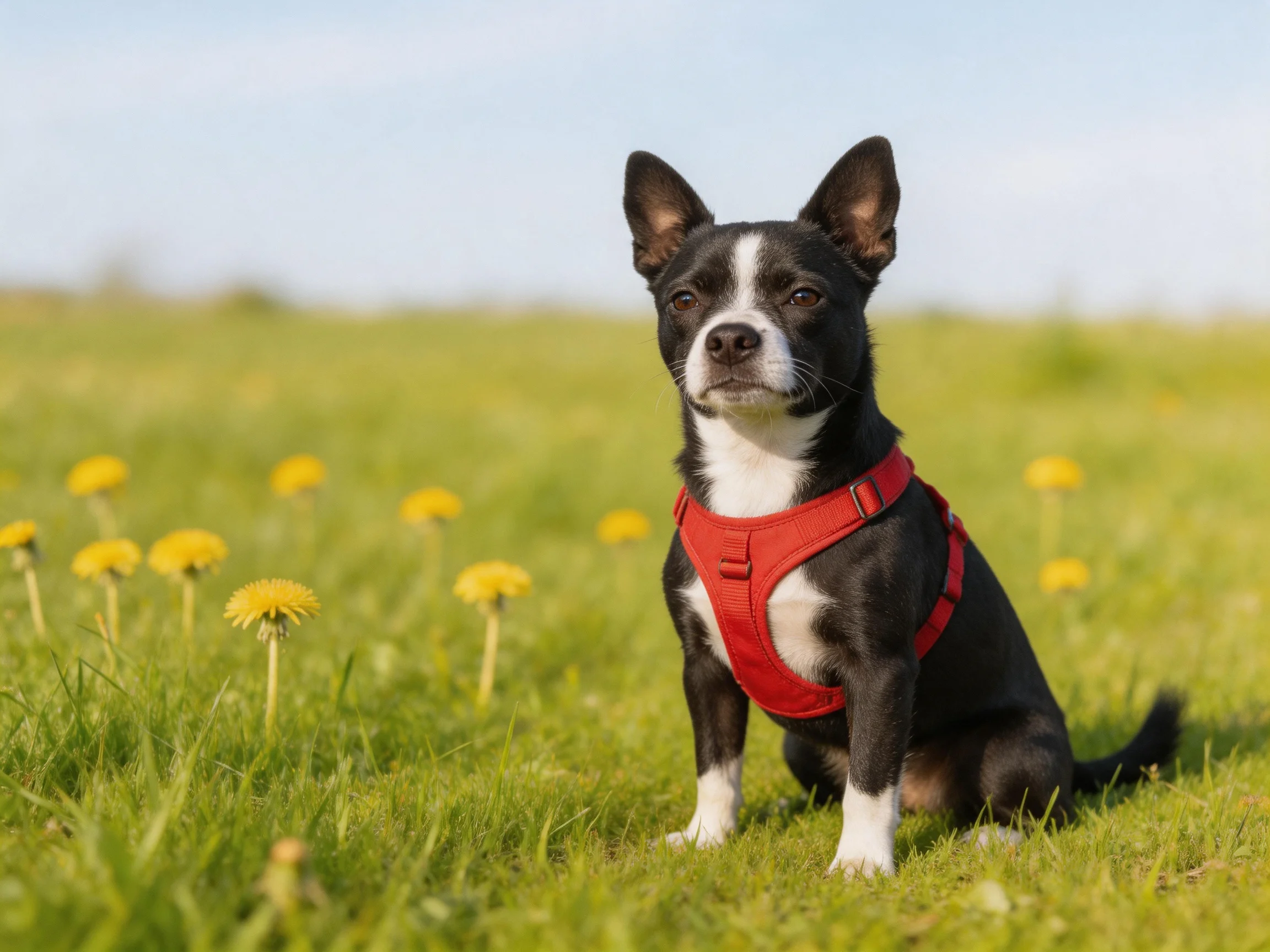A black - and - white dog in a red harness sits amid yellow flowers in a green meadow