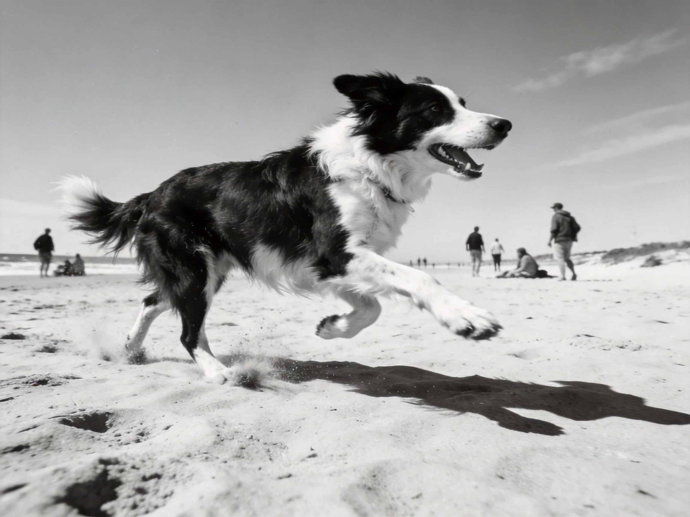 A black - and - white dog joyfully runs on a sandy beach