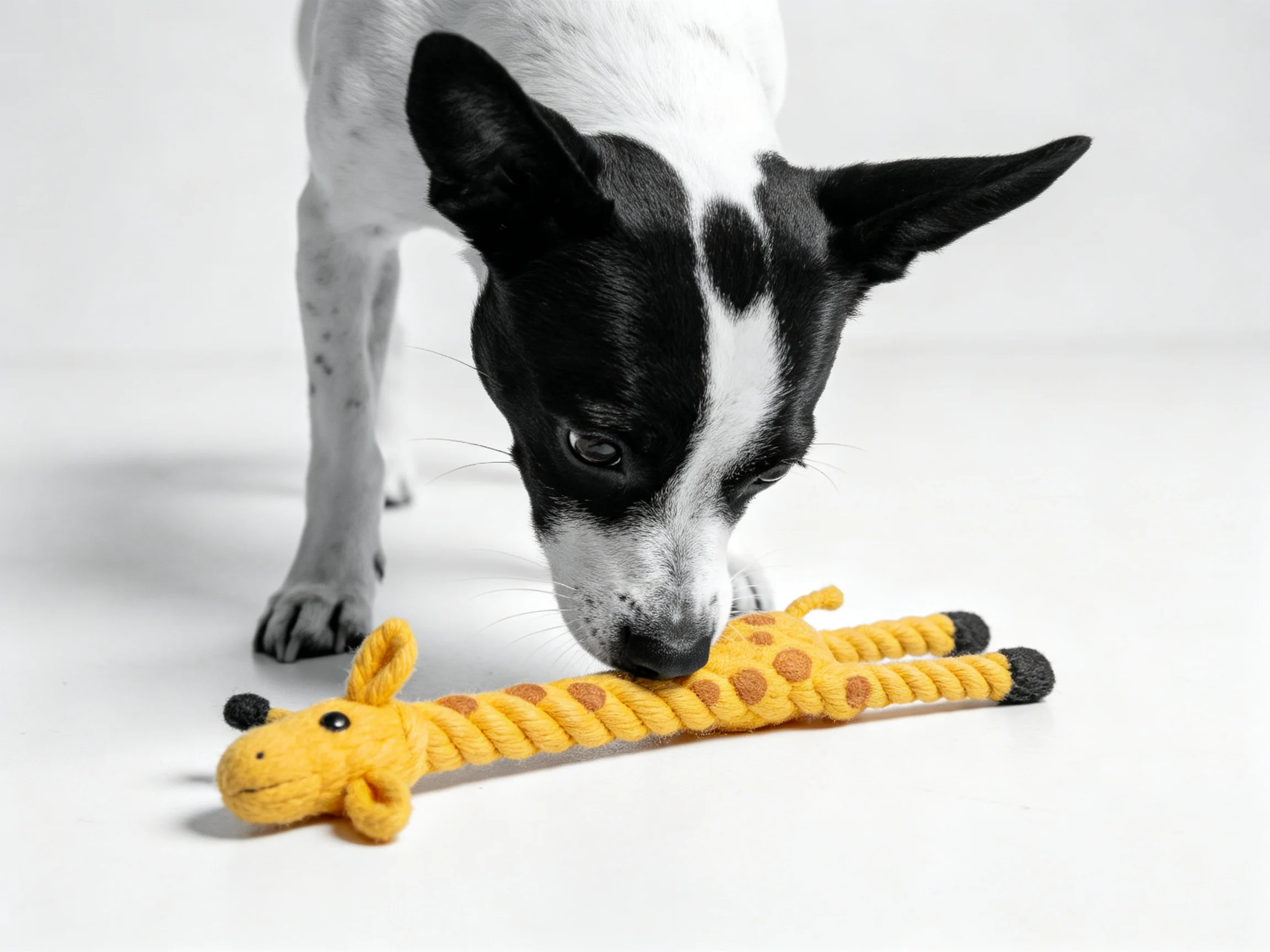 A black - and - white dog plays with a yellow rope giraffe toy