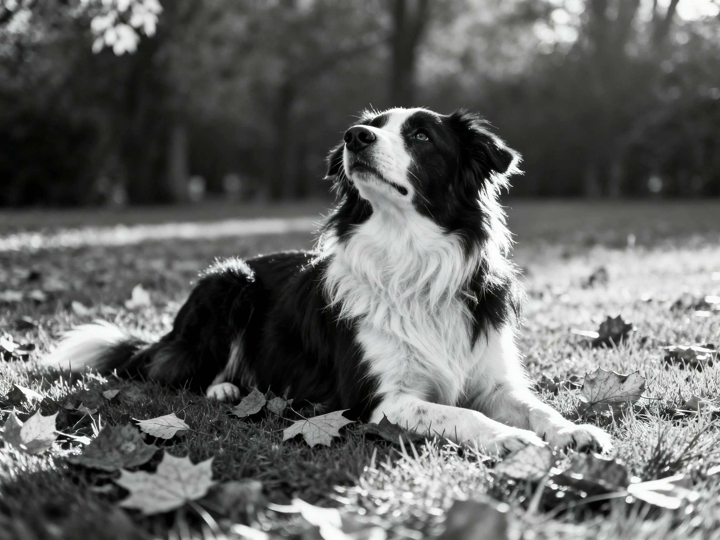 A black - and - white dog rests among scattered autumn leaves in a sunlit park