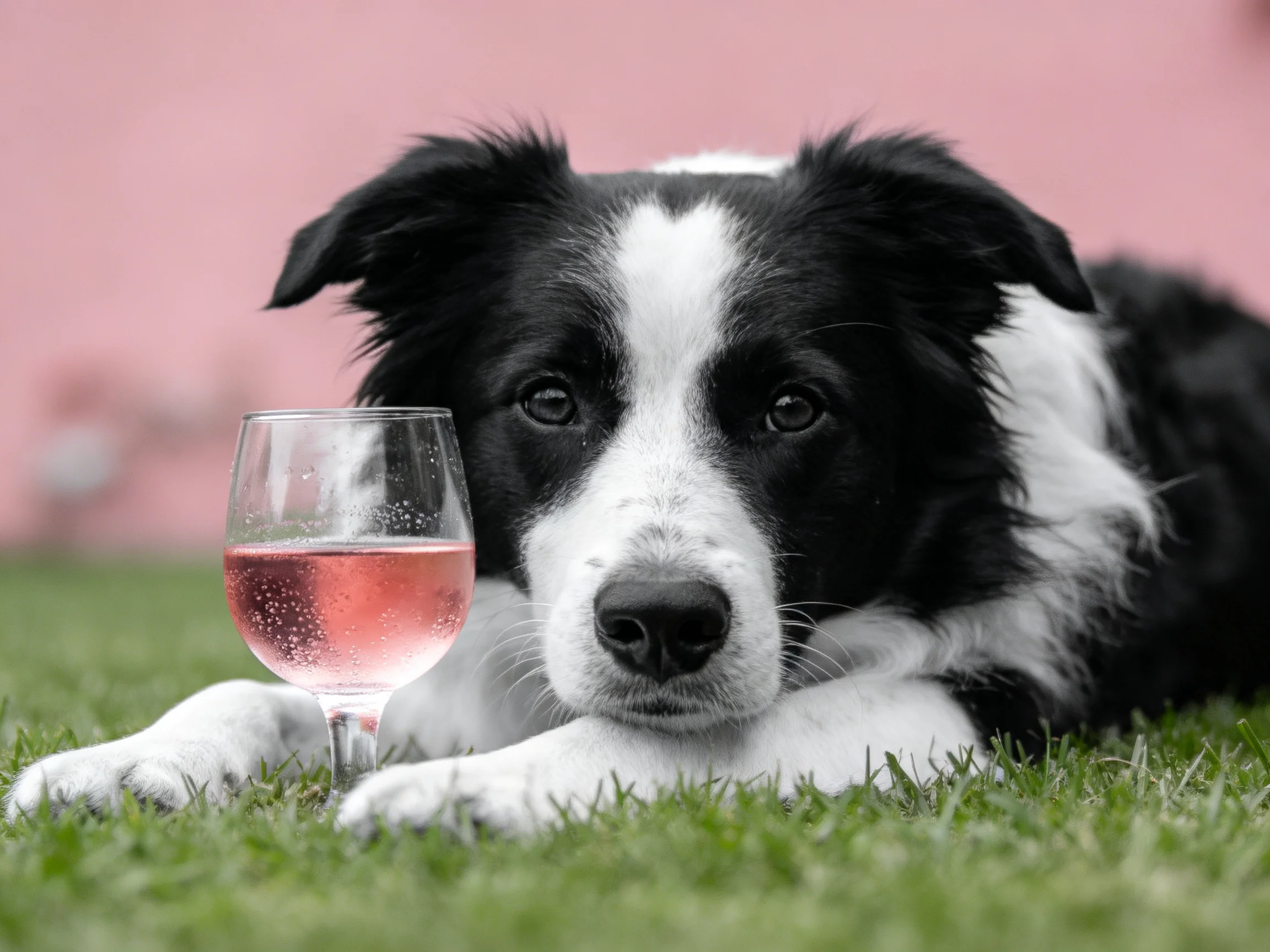 A black - and - white dog rests beside a rose - hued wine glass on green grass