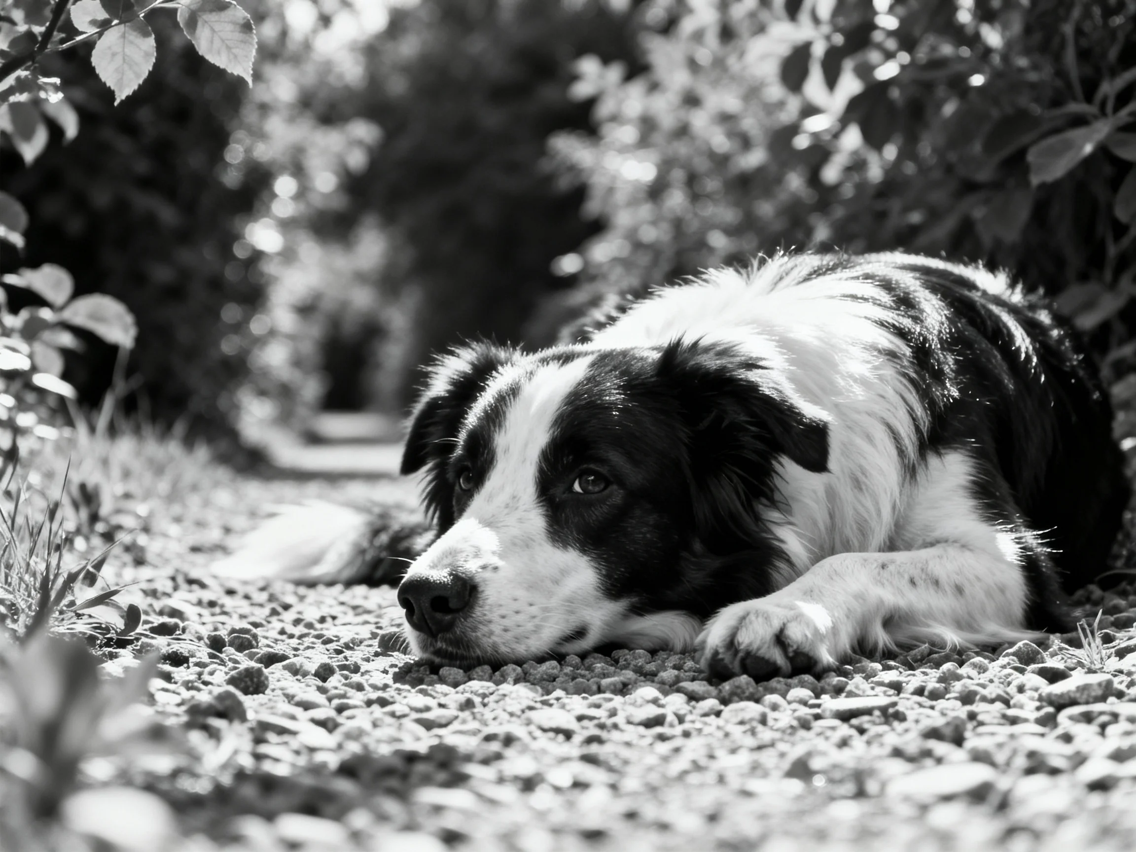 A black - and - white dog rests on a gravel path amid leafy surroundings