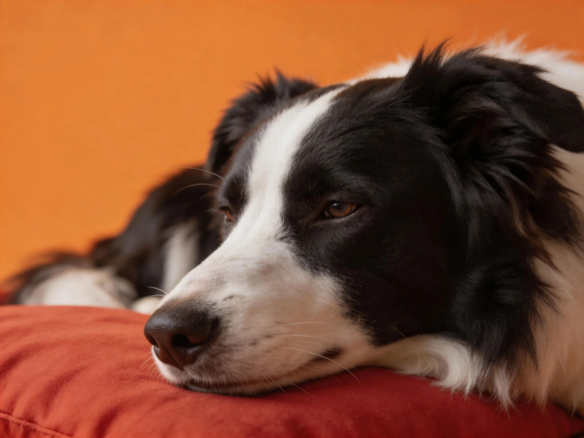 A black - and - white dog lies on a red cushion before an orange wall.