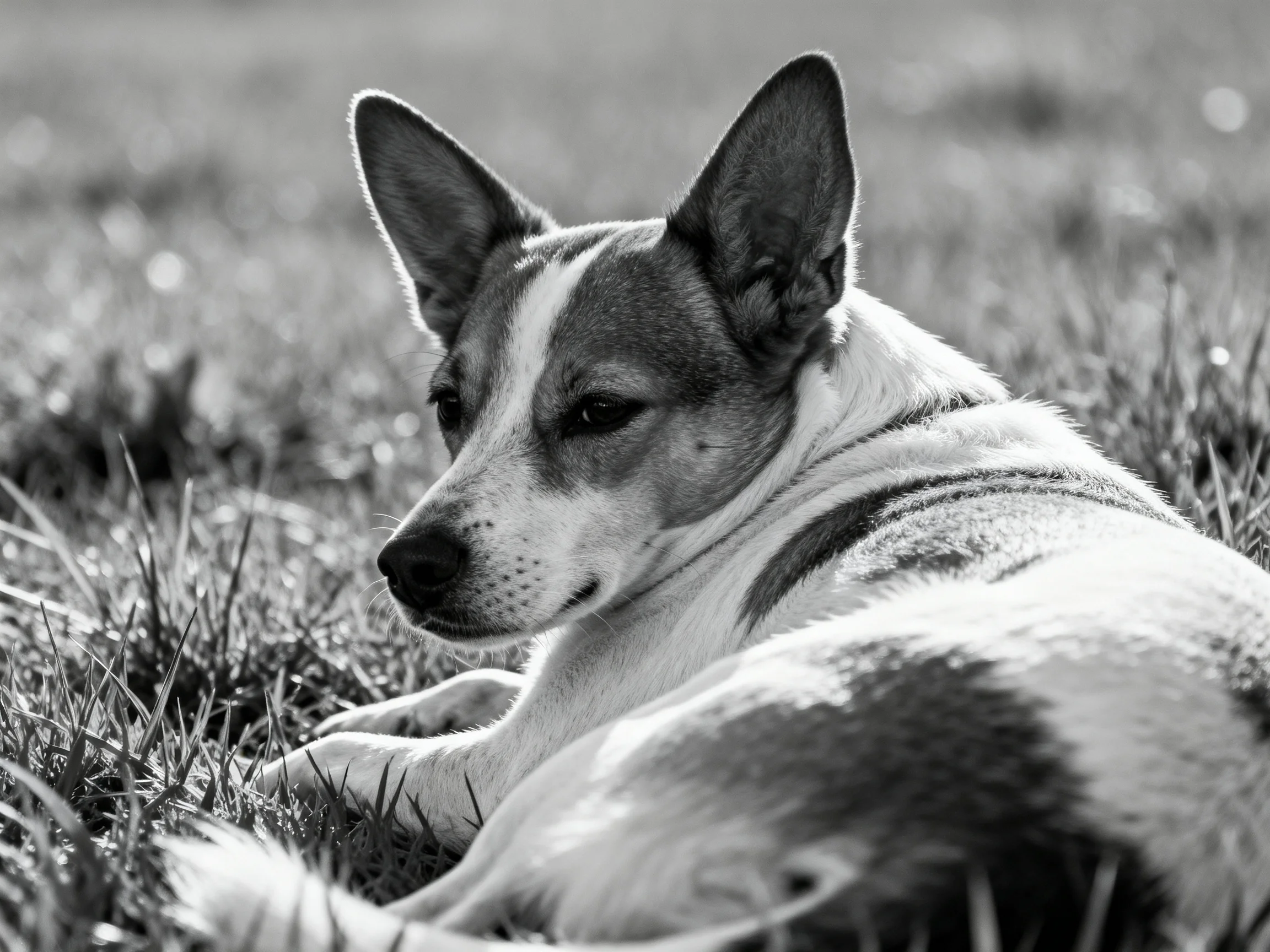 A black - and - white dog relaxes on grass in a peaceful outdoor setting