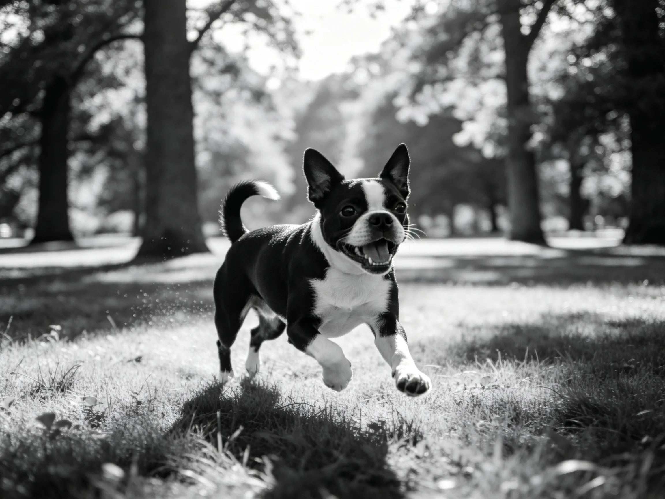 A black - and - white dog running in a sunlit park with tall trees
