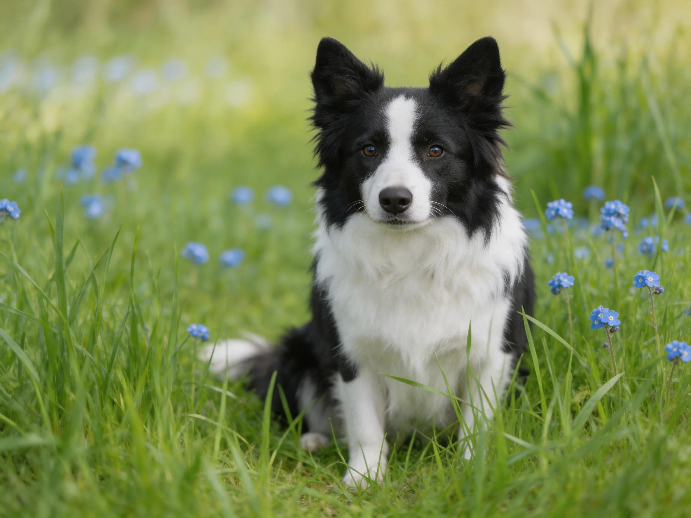 A black - and - white dog sits in a field of tall green grass with blue flowers.