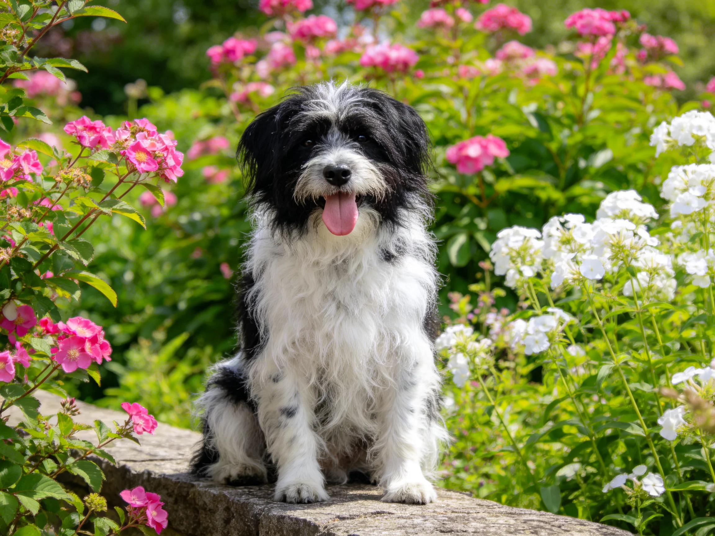 A black - and - white dog sits on a stone ledge among colorful flowers.