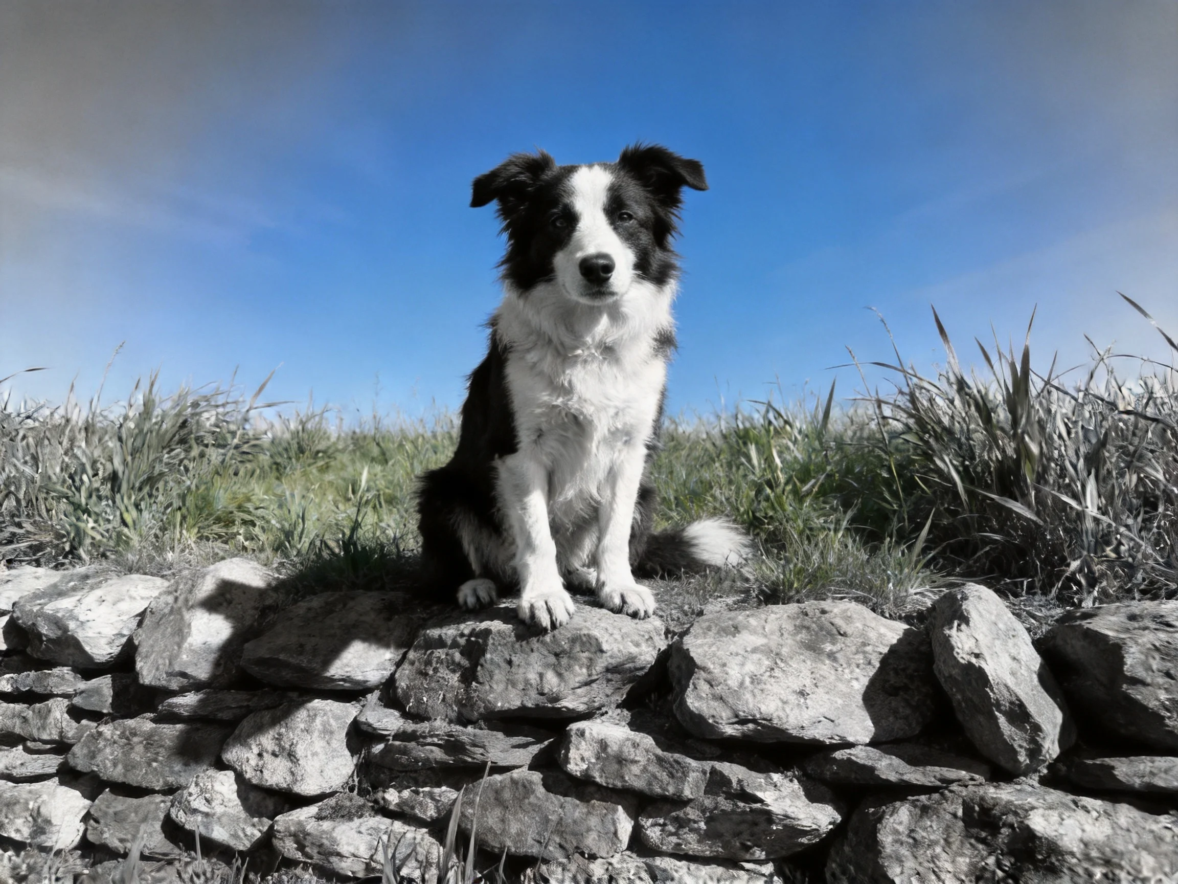 A black - and - white dog sits on a stone wall in an open field.