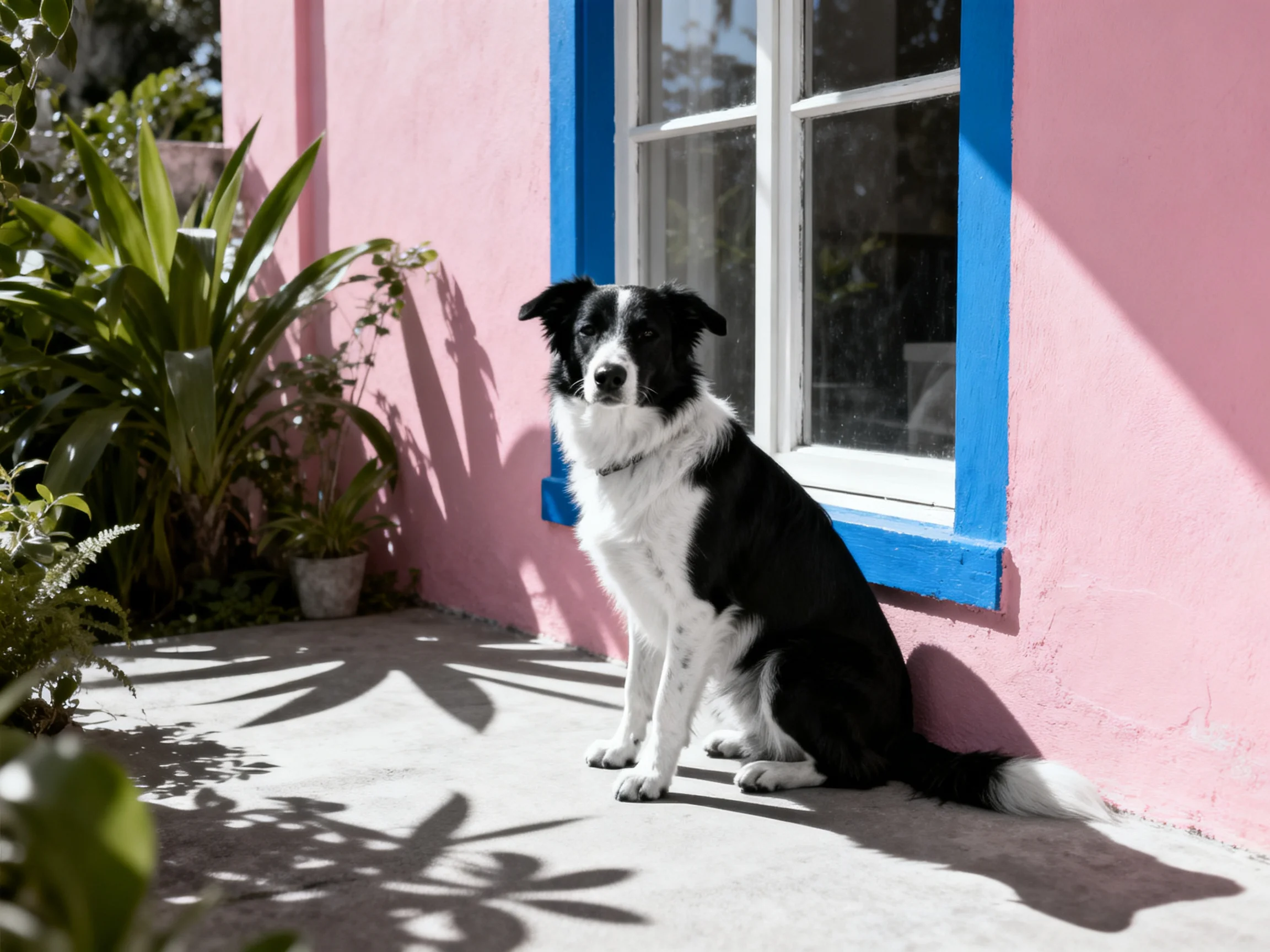 A black - and - white dog sits near a pink house with blue window trim.